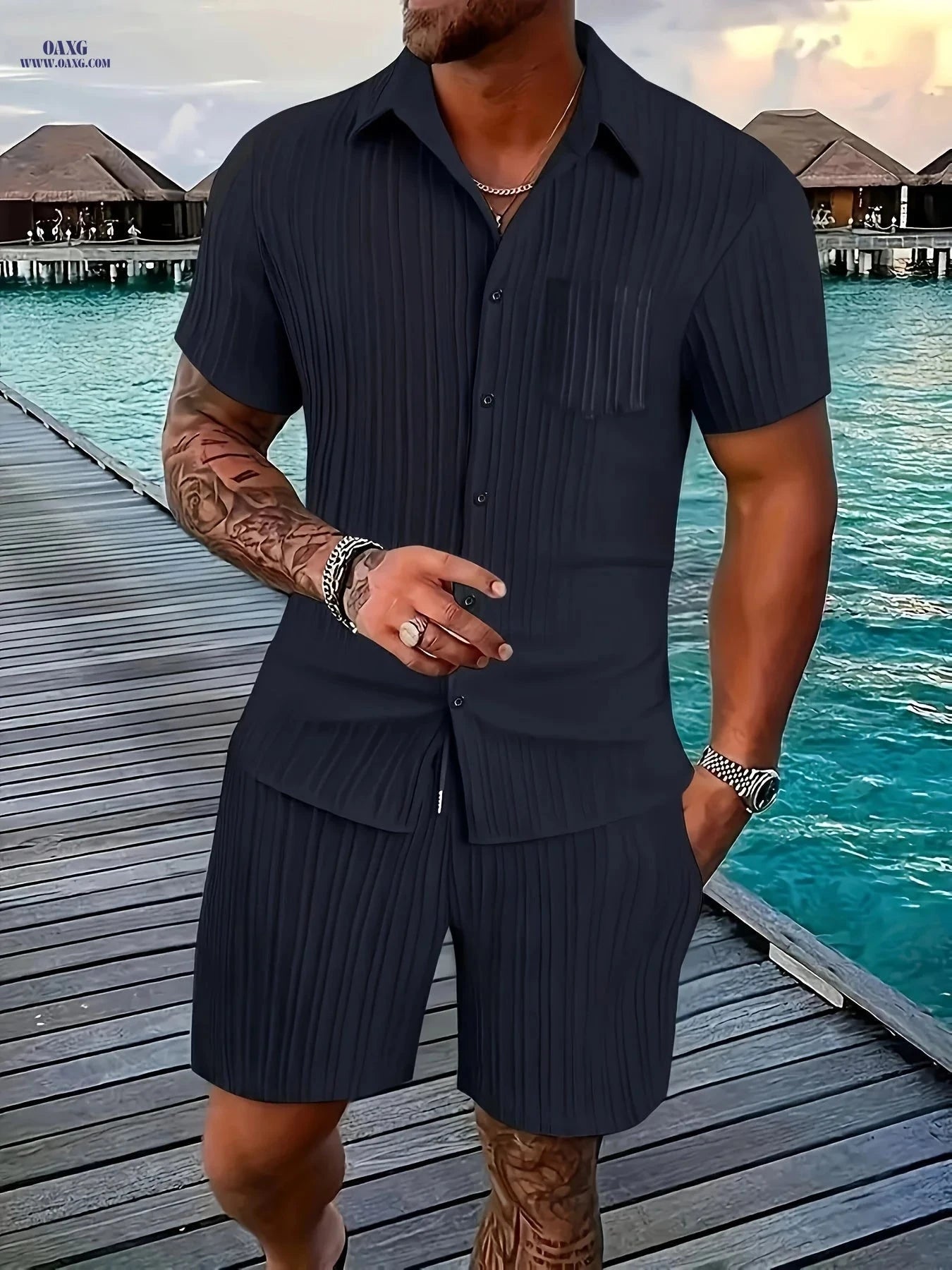 Men's Casual Suit Set - Short Sleeve Shirt & Drawstring Shorts   OAXG 