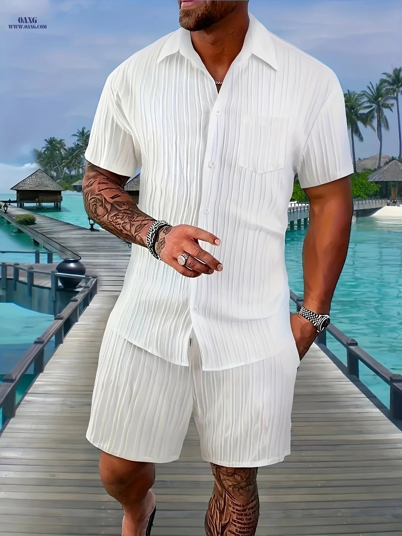 Men's Casual Suit Set - Short Sleeve Shirt & Drawstring Shorts   OAXG 