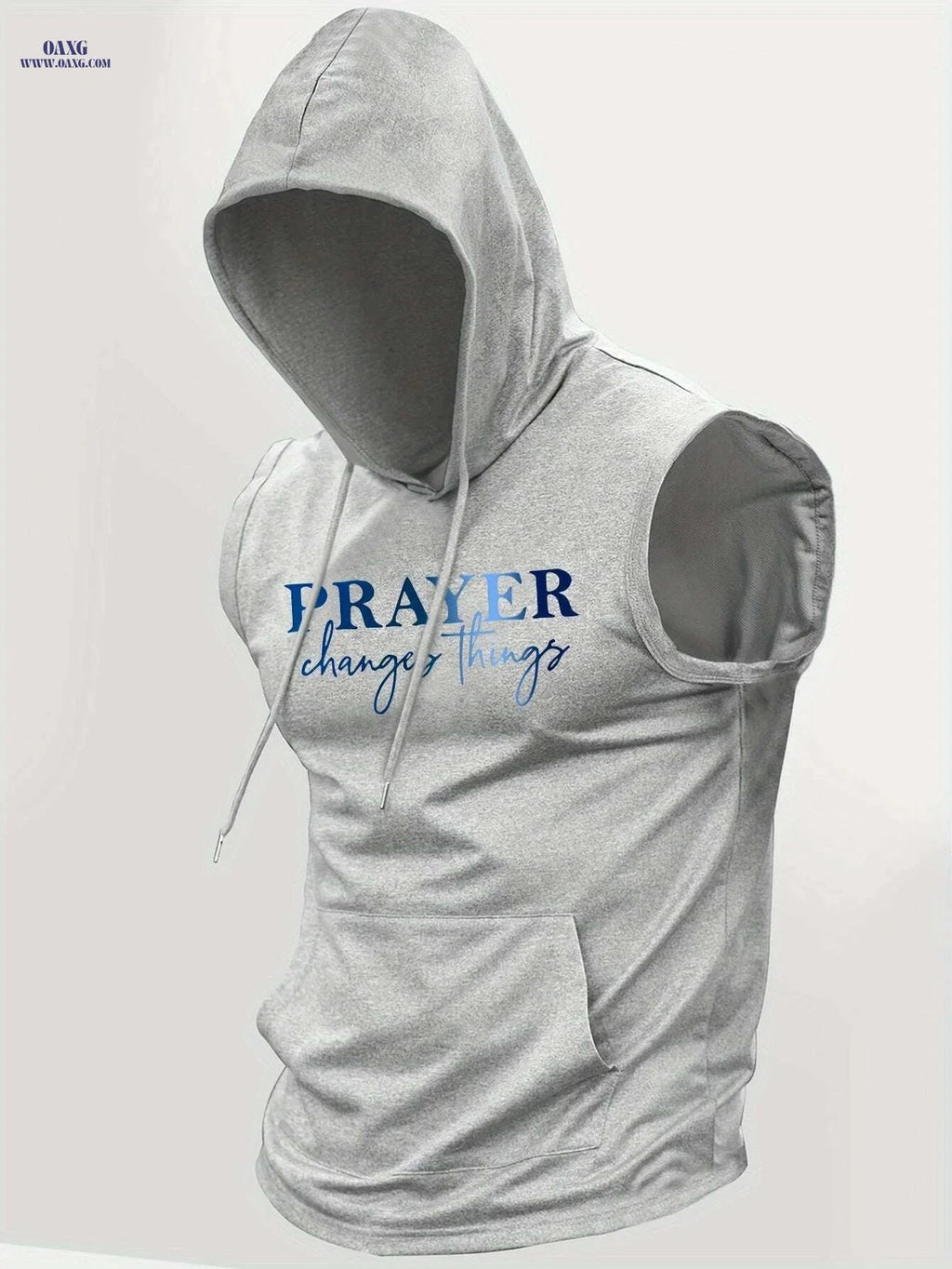 Men's Casual Summer Hooded Tank Top - "Prayer Changes Everything" Print   OAXG Light Blue / S