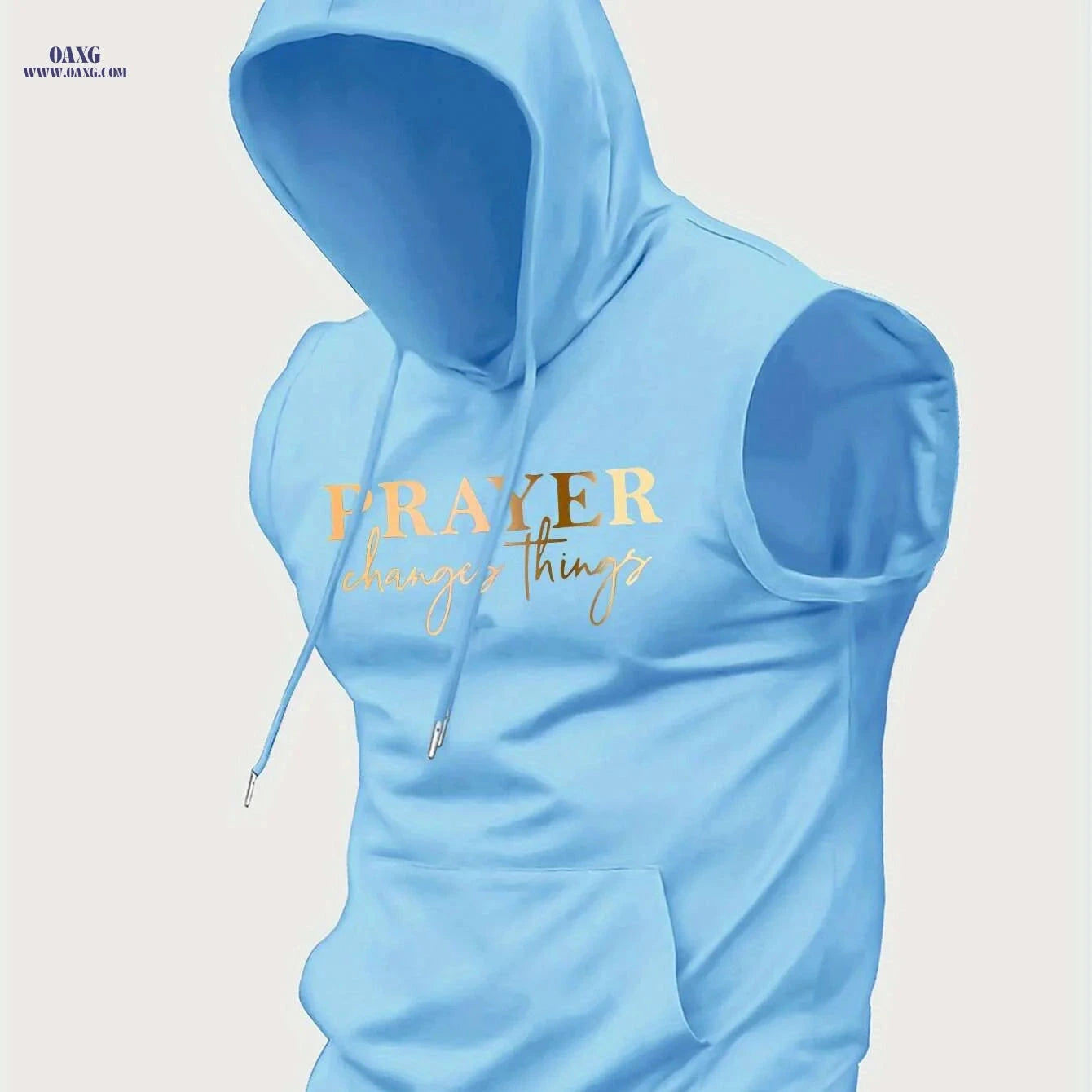 Men's Casual Summer Hooded Tank Top - "Prayer Changes Everything" Print   OAXG Light Blue / S