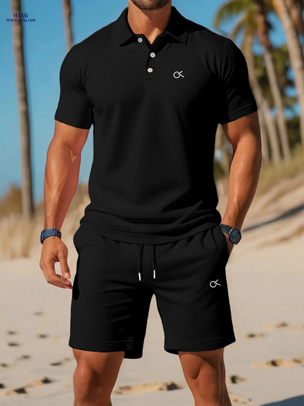Men’s Casual Summer Set - Easy Letter Print Top and Shorts   OAXG Black / FR M
