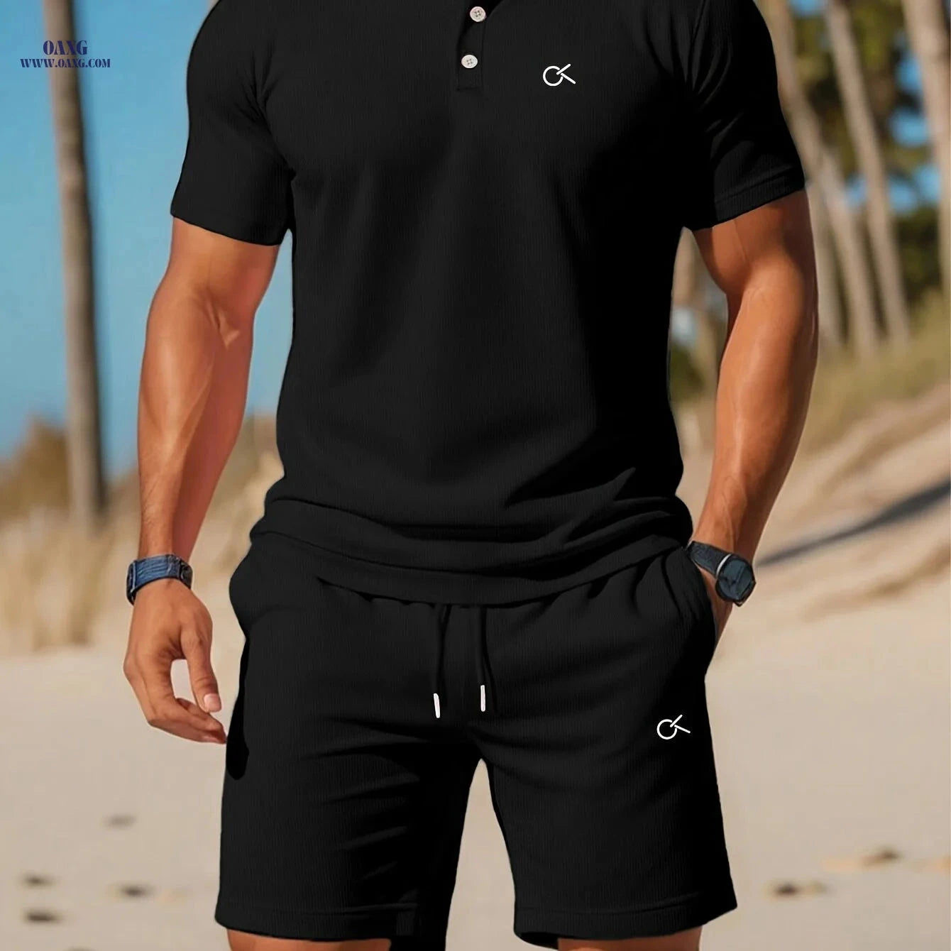 Men’s Casual Summer Set - Easy Letter Print Top and Shorts   OAXG Black / FR M