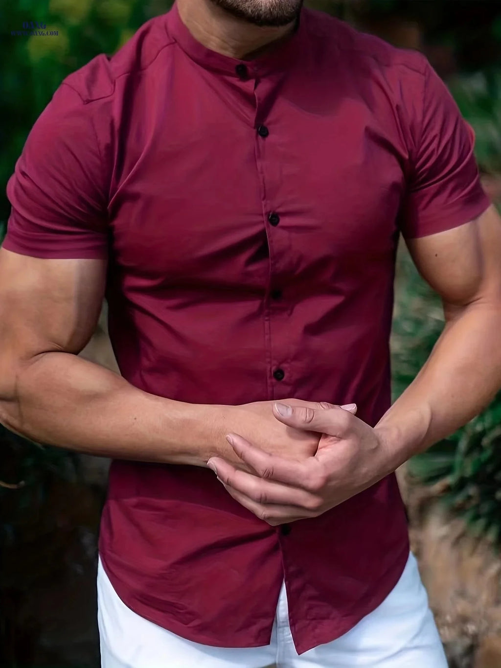 Men's Casual Summer Shirt - Lightweight Polyester, Stand Collar Fit   OAXG 