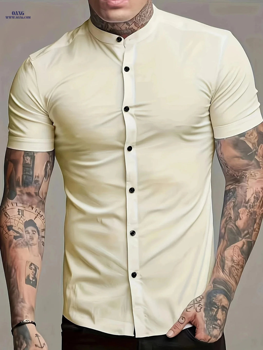 Men's Casual Summer Shirt - Lightweight Polyester, Stand Collar Fit   OAXG 