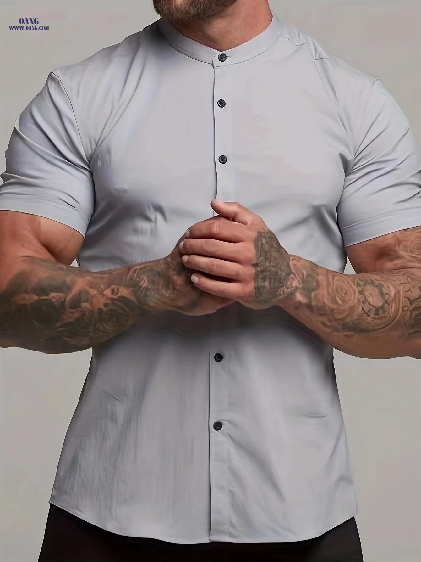 Men's Casual Summer Shirt - Lightweight Polyester, Stand Collar Fit   OAXG 