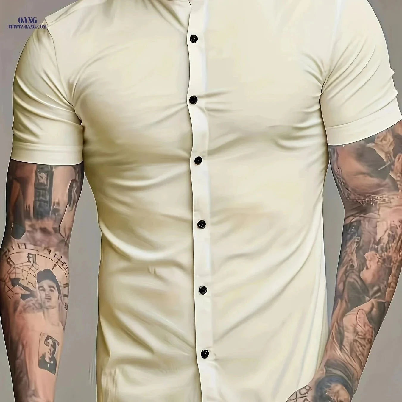 Men's Casual Summer Shirt - Lightweight Polyester, Stand Collar Fit   OAXG White / FR M