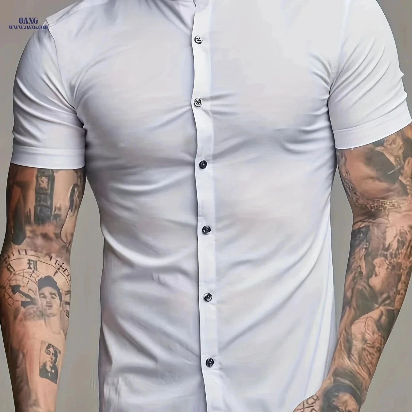 Men's Casual Summer Shirt - Lightweight Polyester, Stand Collar Fit   OAXG White / FR M