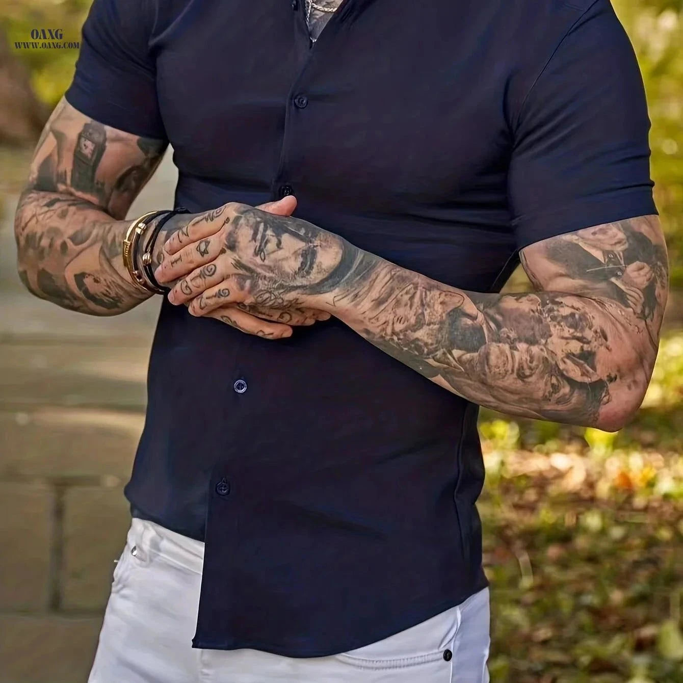 Men's Casual Summer Shirt - Lightweight Polyester, Stand Collar Fit   OAXG White / FR M
