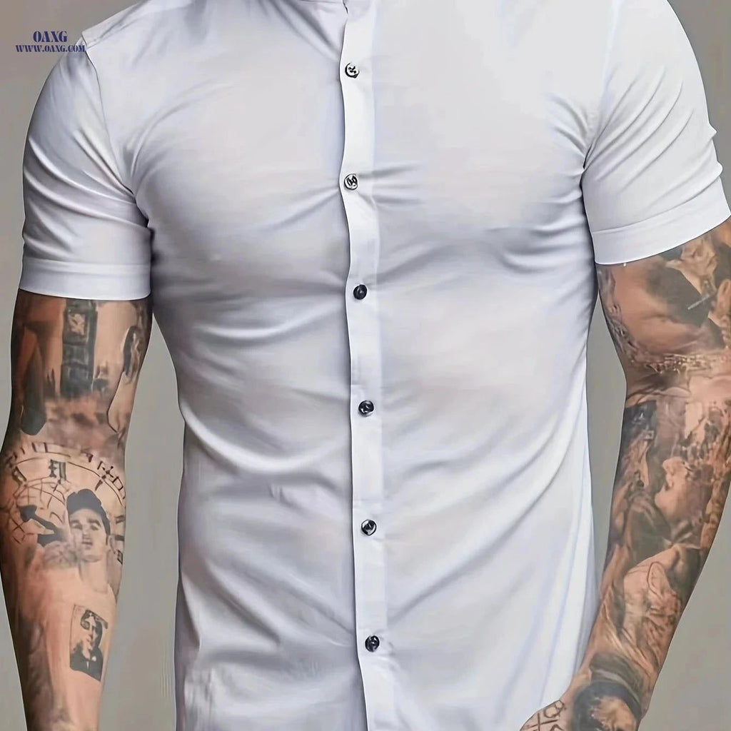 Men's Casual Summer Shirt - Lightweight Polyester, Stand Collar Fit   OAXG White / FR M