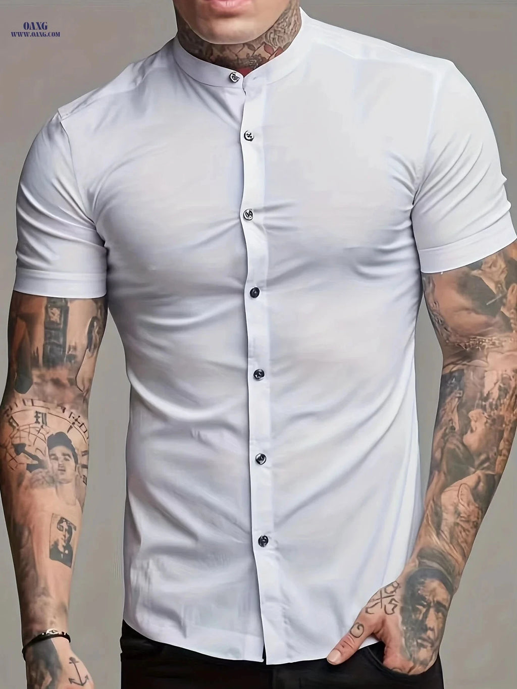 Men's Casual Summer Shirt - Lightweight Polyester, Stand Collar Fit   OAXG 