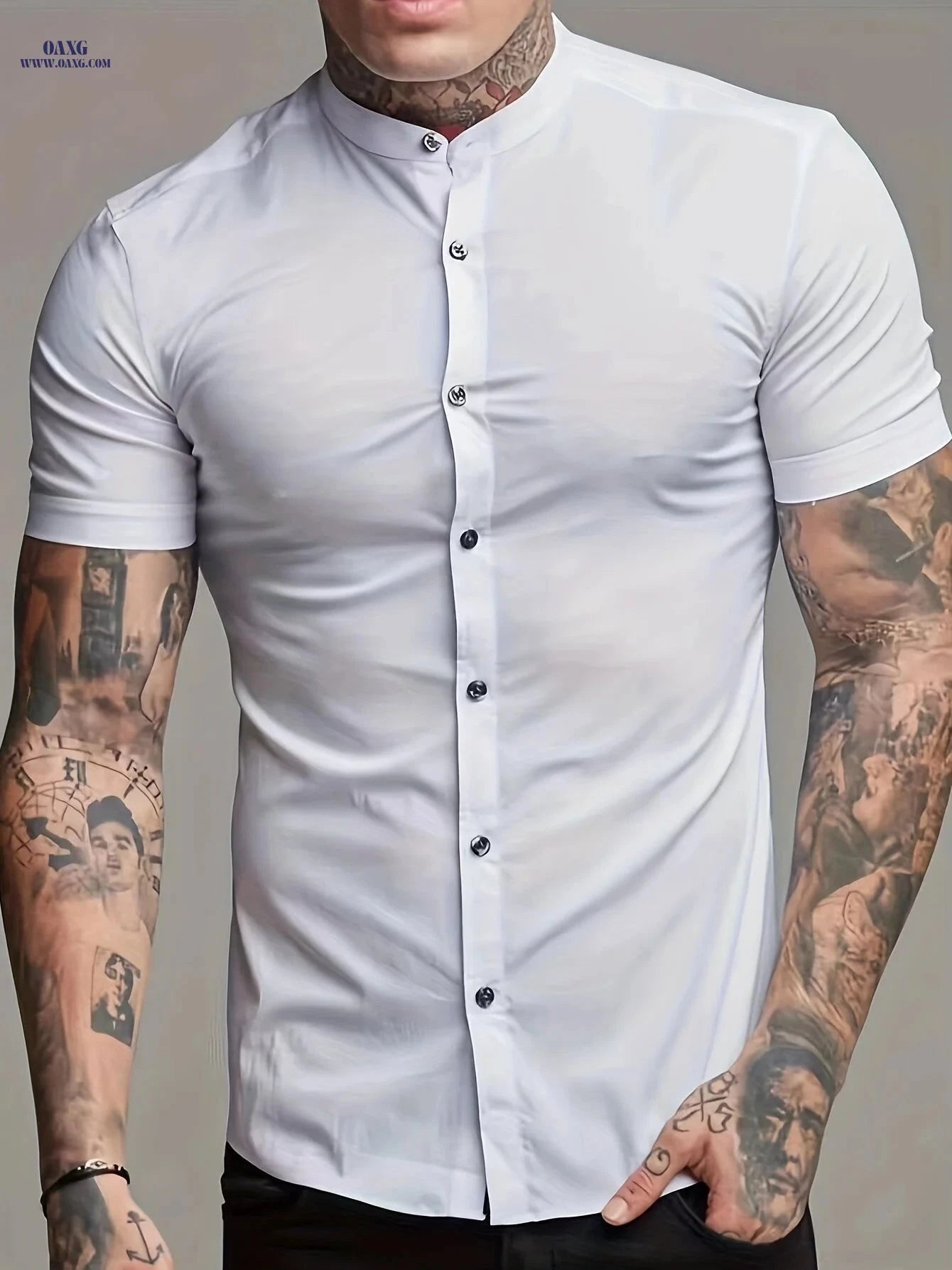 Men's Casual Summer Shirt - Lightweight Polyester, Stand Collar Fit   OAXG 
