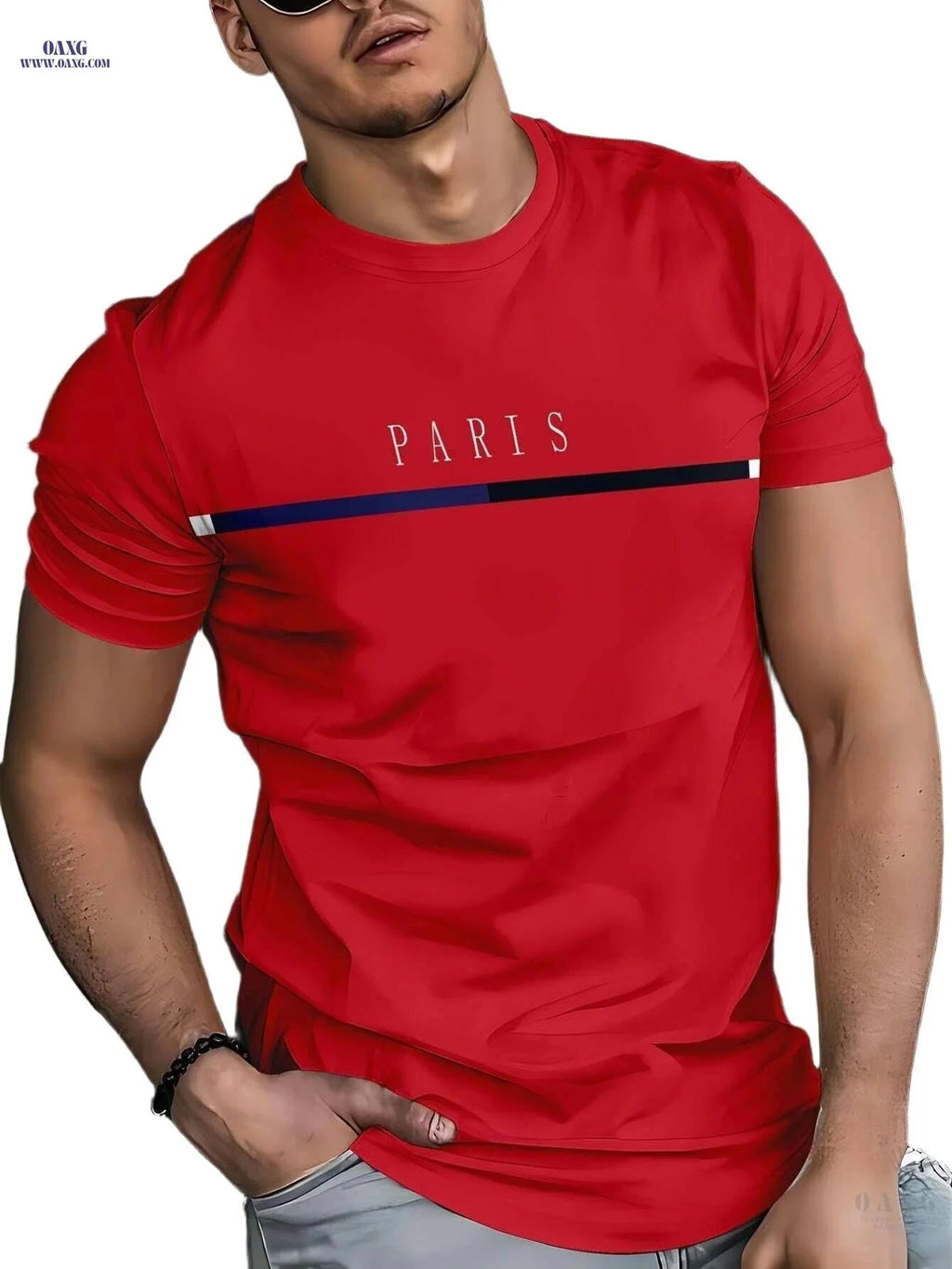 Men's Casual Summer T-Shirt - 100% Polyester, Crew Neck Design   OAXG Red / S