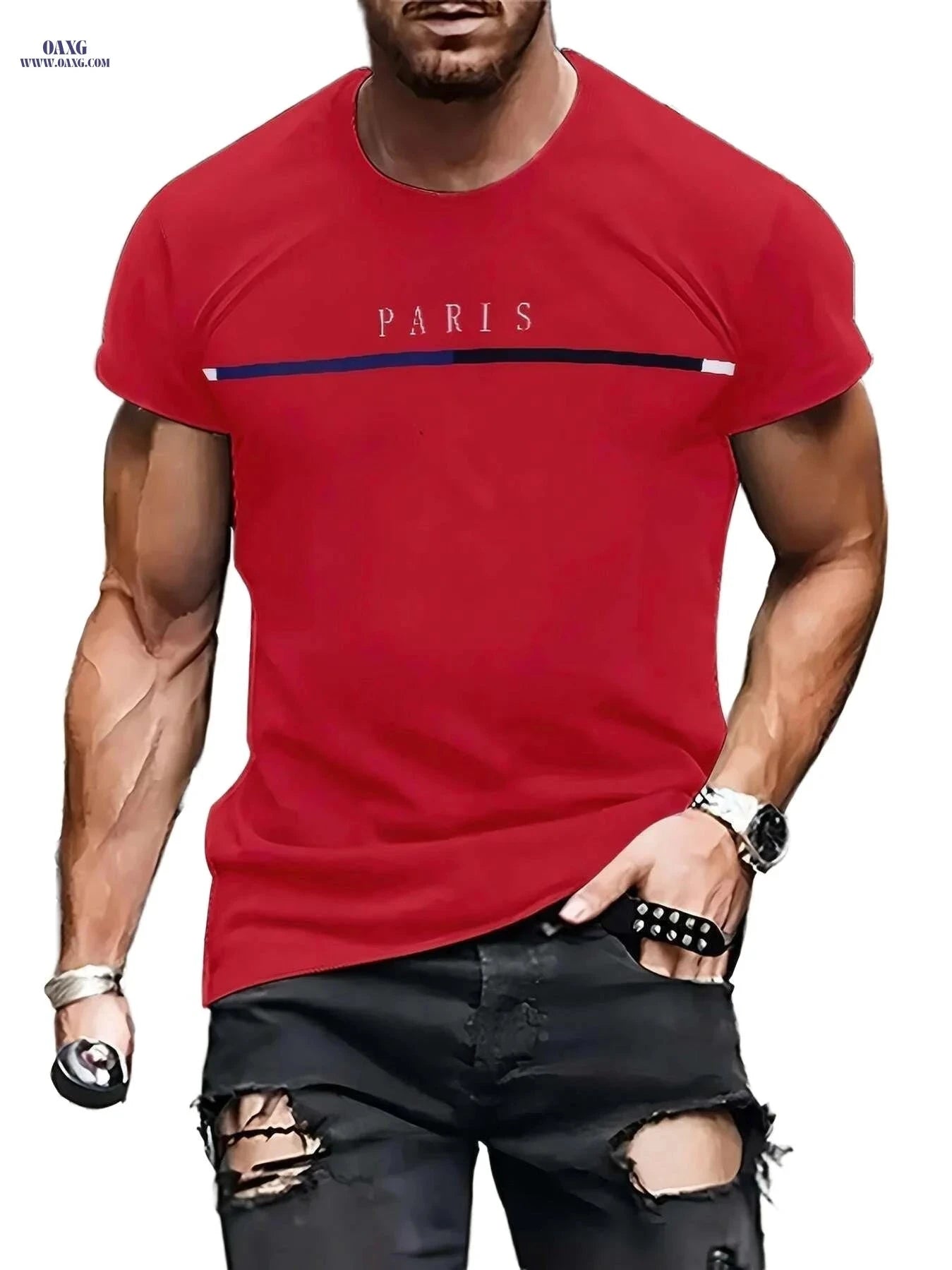 Men's Casual Summer T-Shirt - 100% Polyester, Crew Neck Design   OAXG Red / S
