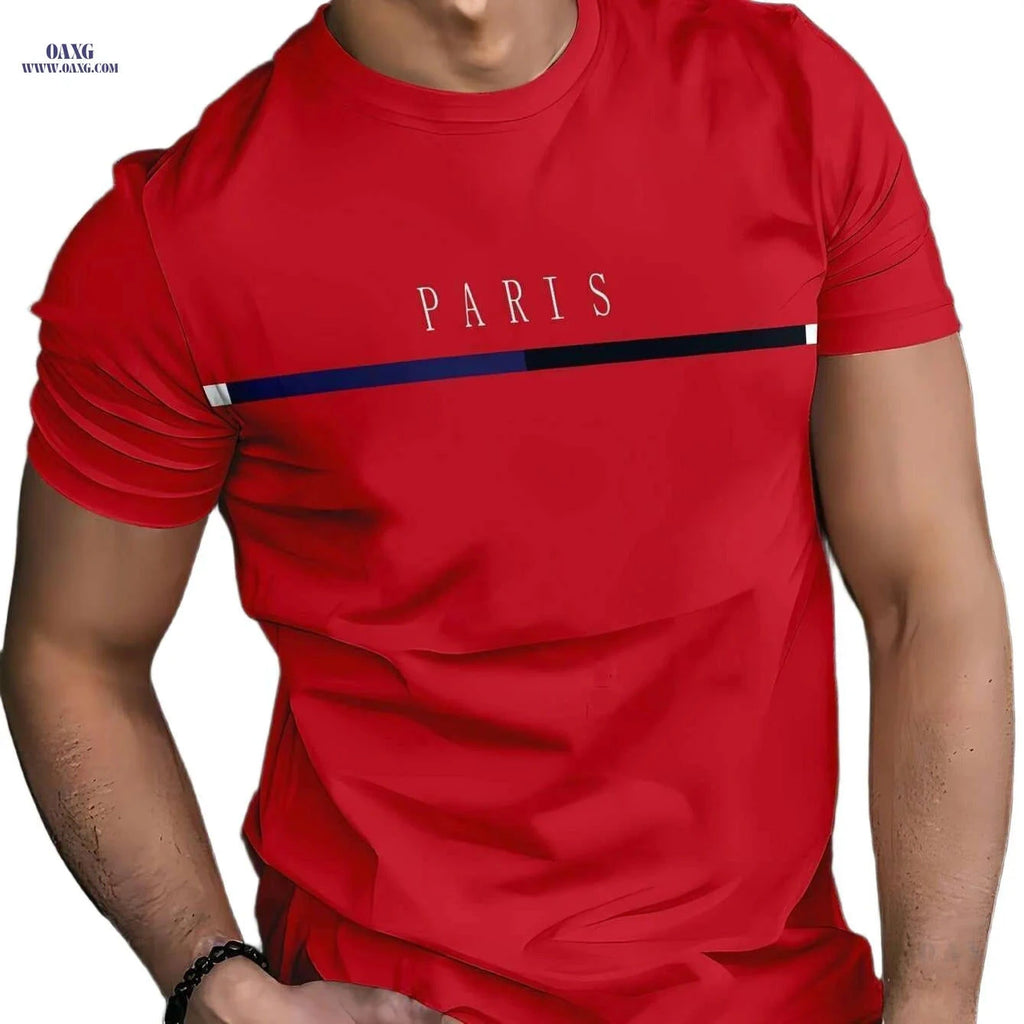 Men's Casual Summer T-Shirt - 100% Polyester, Crew Neck Design   OAXG Red / S