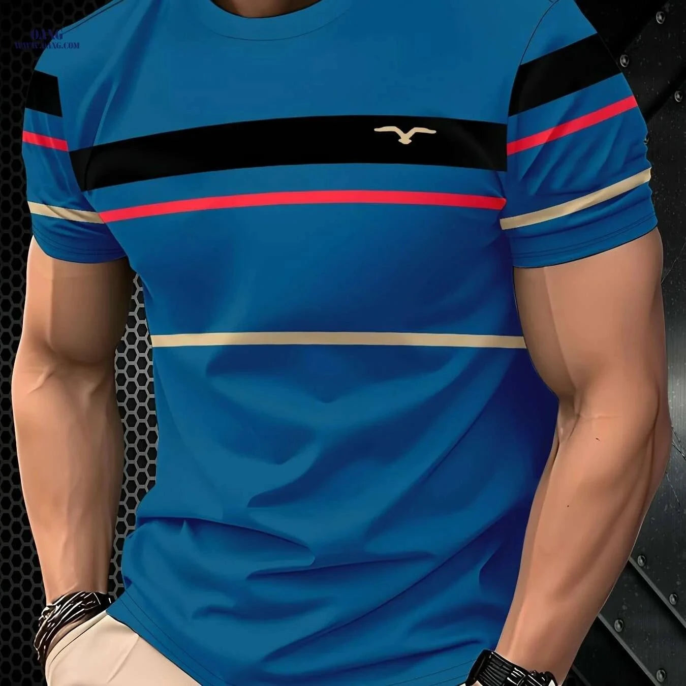 Men's Casual Summer T-Shirt - Breathable Polyester, Vibrant Blue Stripes   OAXG Dark Green / S