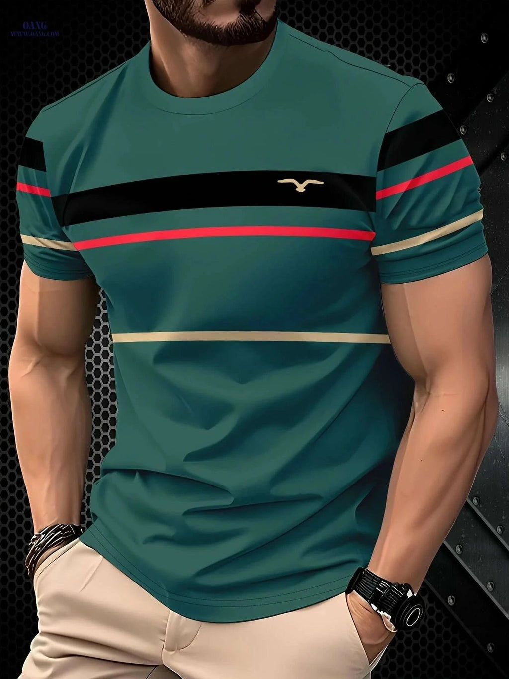 Men's Casual Summer T-Shirt - Breathable Polyester, Vibrant Blue Stripes   OAXG Dark Green / S