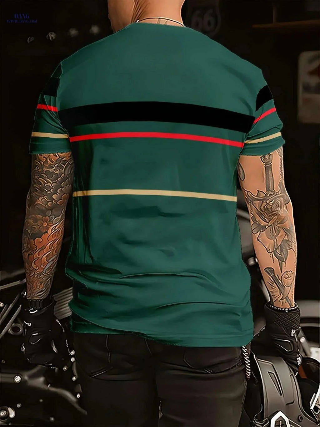 Men's Casual Summer T-Shirt - Breathable Polyester, Vibrant Blue Stripes   OAXG Dark Green / S