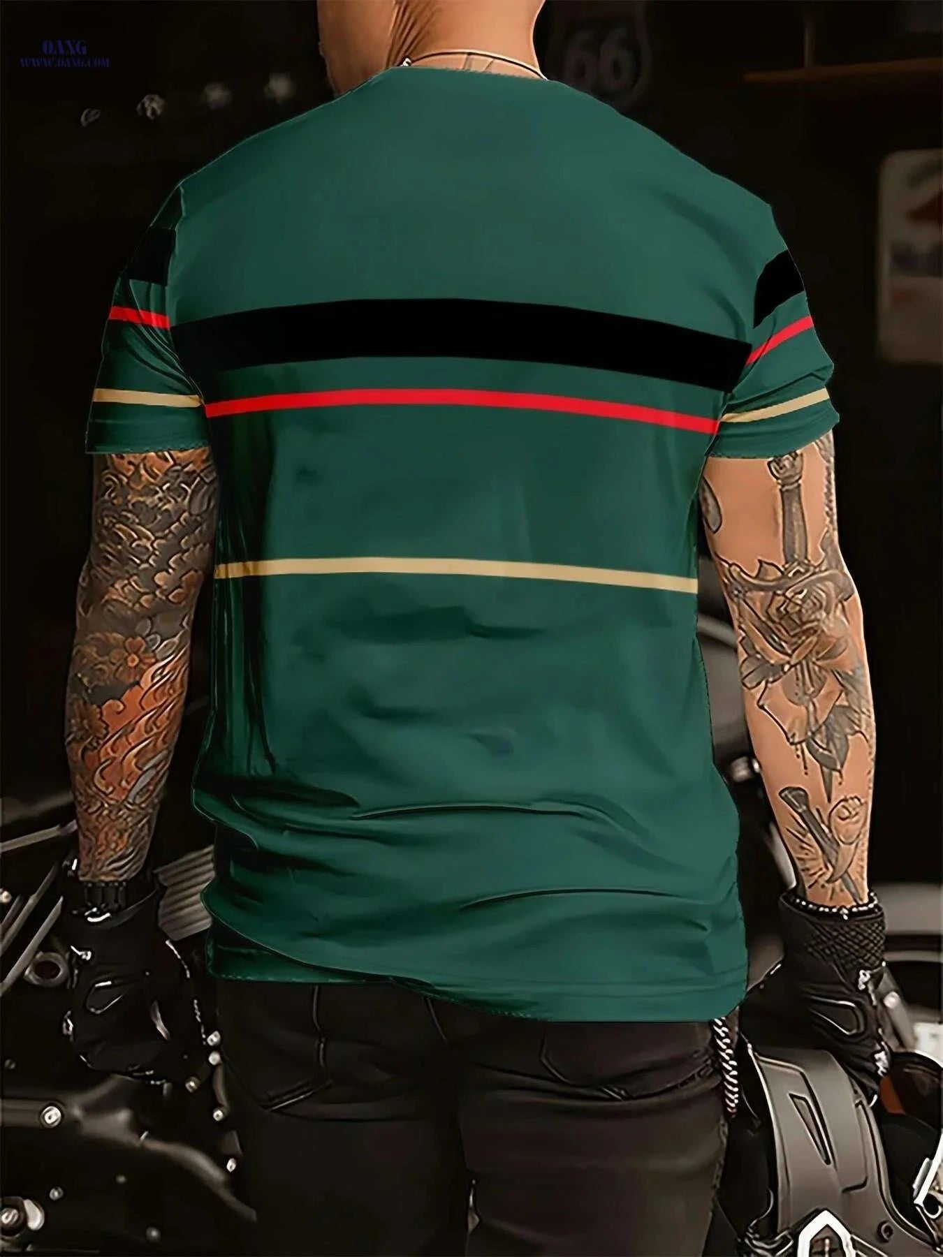 Men's Casual Summer T-Shirt - Breathable Polyester, Vibrant Blue Stripes   OAXG Dark Green / S