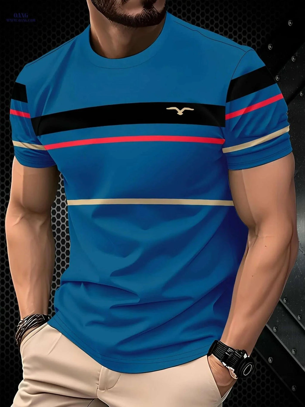 Men's Casual Summer T-Shirt - Breathable Polyester, Vibrant Blue Stripes   OAXG Dark Green / S
