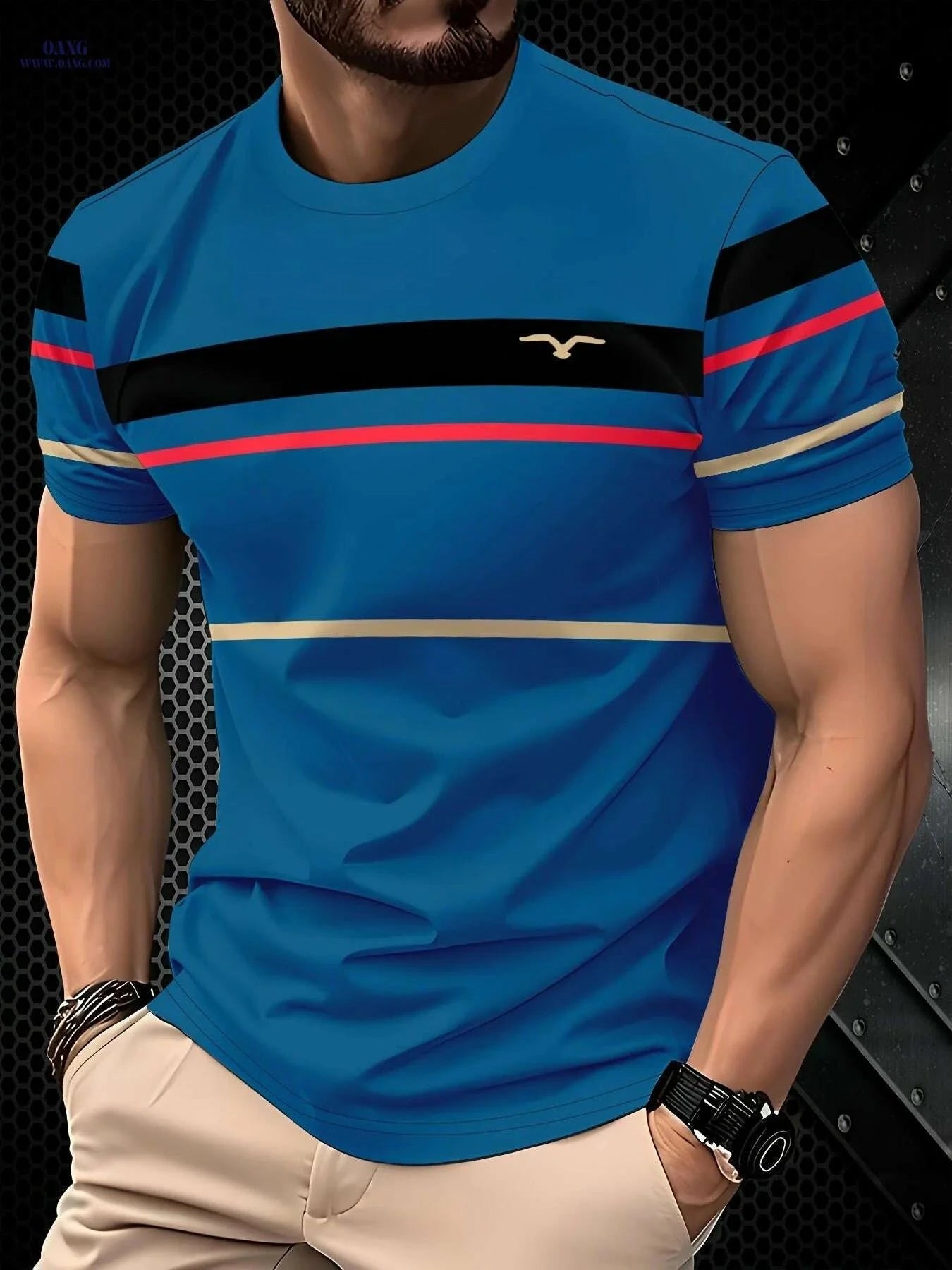 Men's Casual Summer T-Shirt - Breathable Polyester, Vibrant Blue Stripes   OAXG Dark Green / S