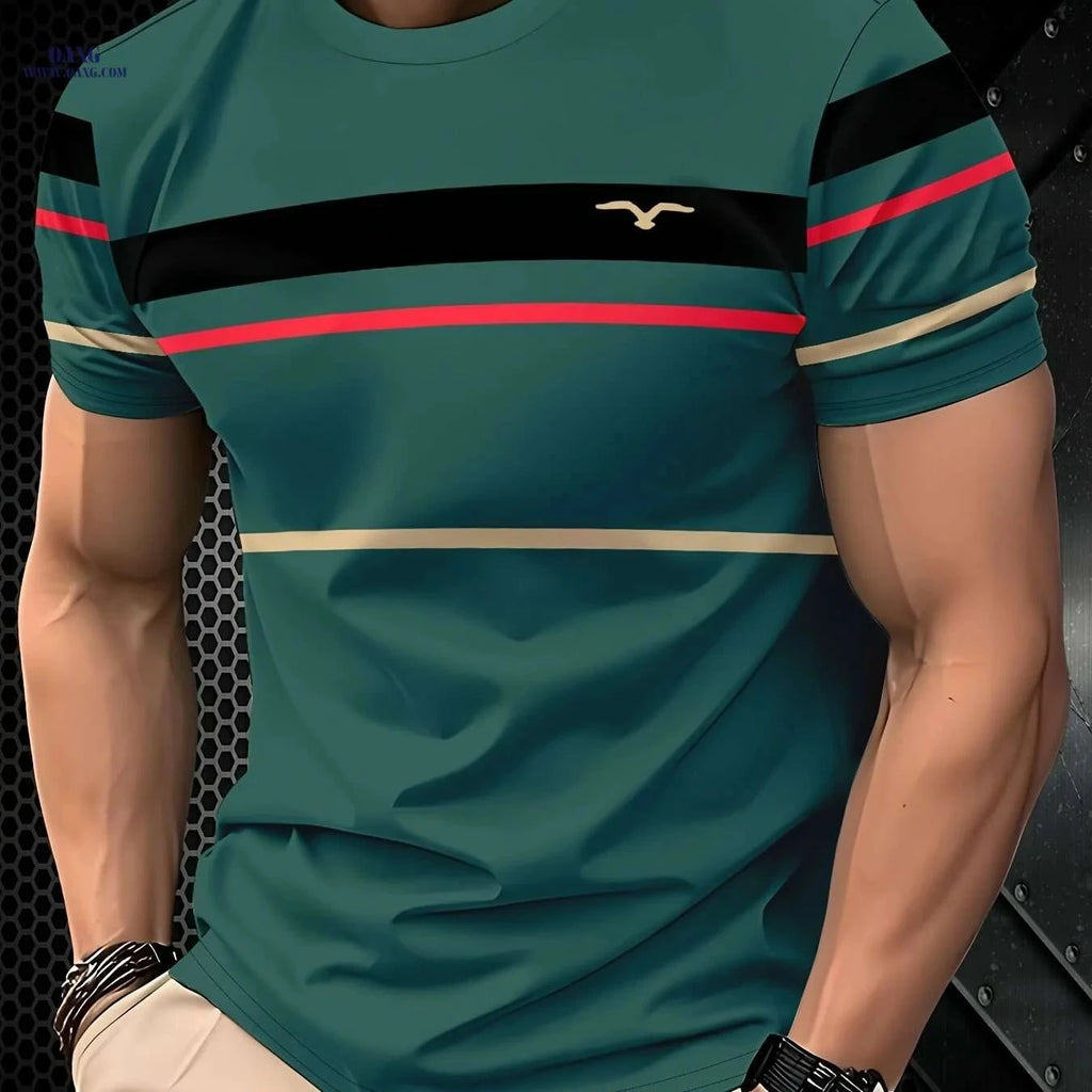Men's Casual Summer T-Shirt - Breathable Polyester, Vibrant Blue Stripes   OAXG Dark Green / S