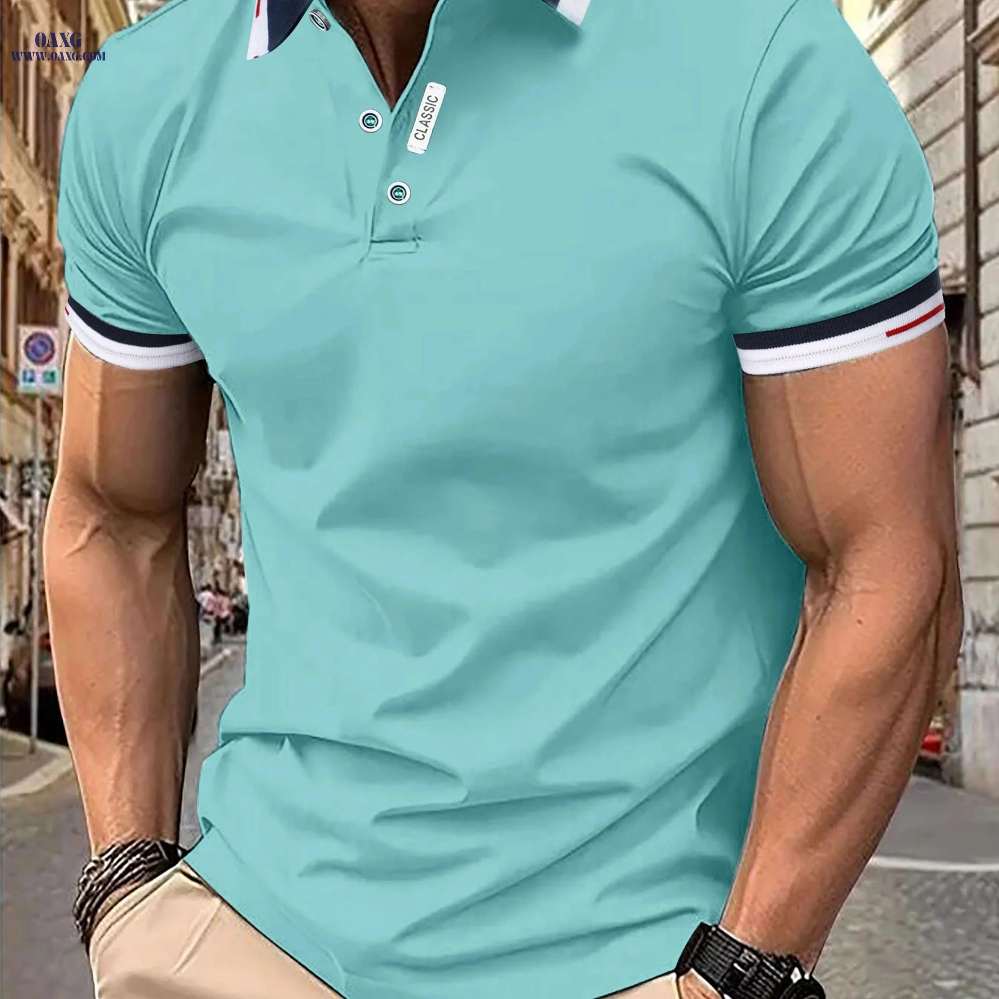 Men's Casual Summer T-Shirt - Short Sleeve, Solid Color, Fashion   OAXG Lake Blue / FR S