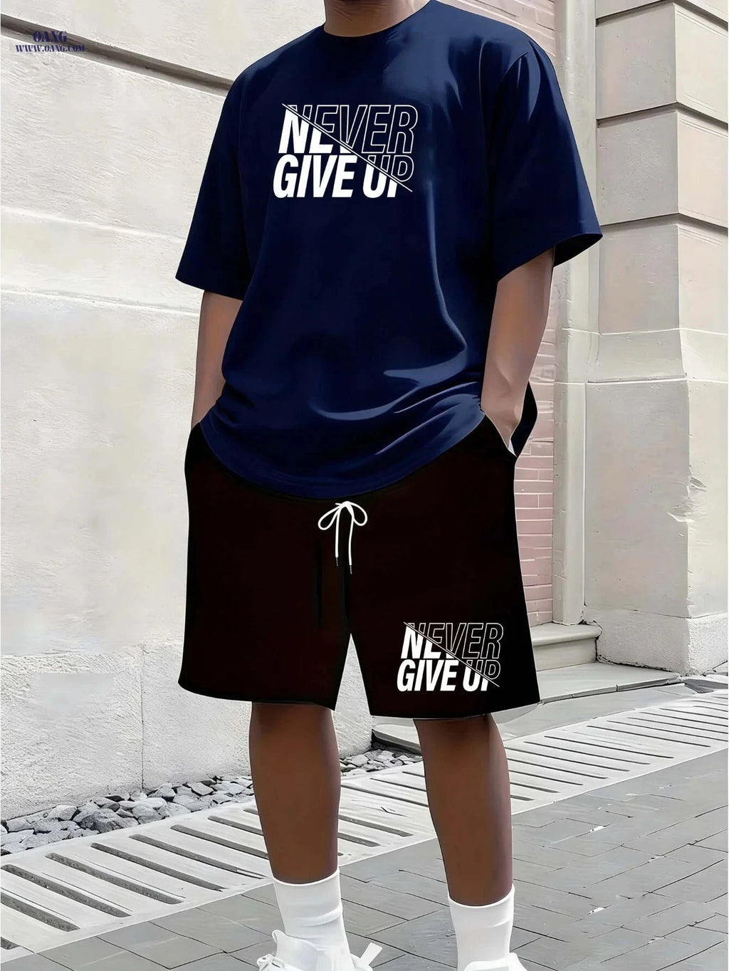 Men's Casual Summer Tracksuit - 'Never Give Up' T-Shirt & Shorts Set   OAXG 