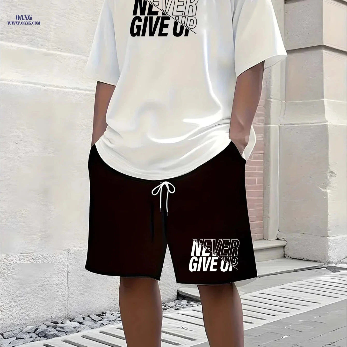 Men's Casual Summer Tracksuit - 'Never Give Up' T-Shirt & Shorts Set   OAXG 