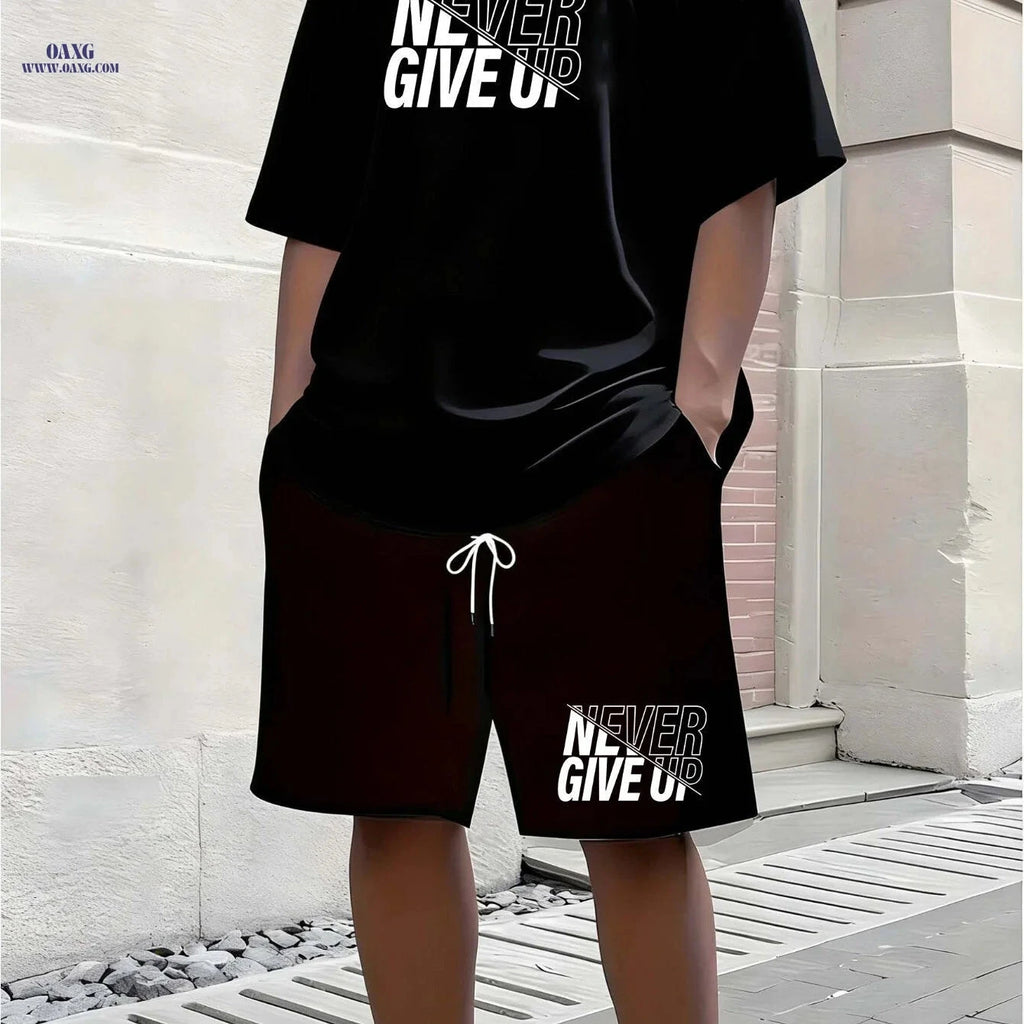 Men's Casual Summer Tracksuit - 'Never Give Up' T-Shirt & Shorts Set   OAXG 
