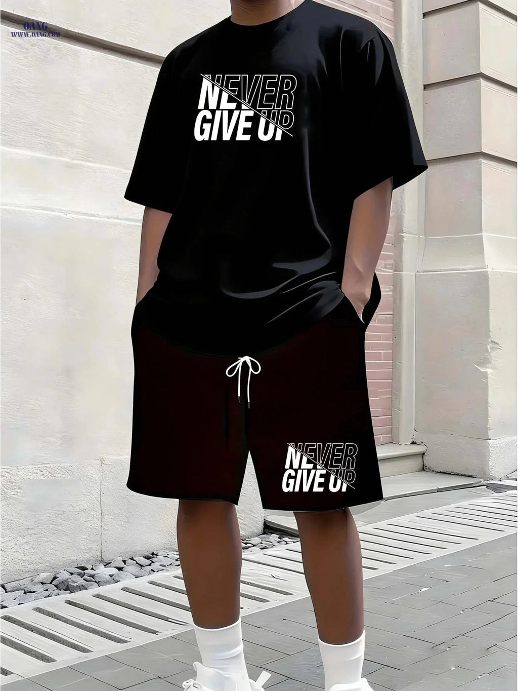 Men's Casual Summer Tracksuit - 'Never Give Up' T-Shirt & Shorts Set   OAXG Black / FR S