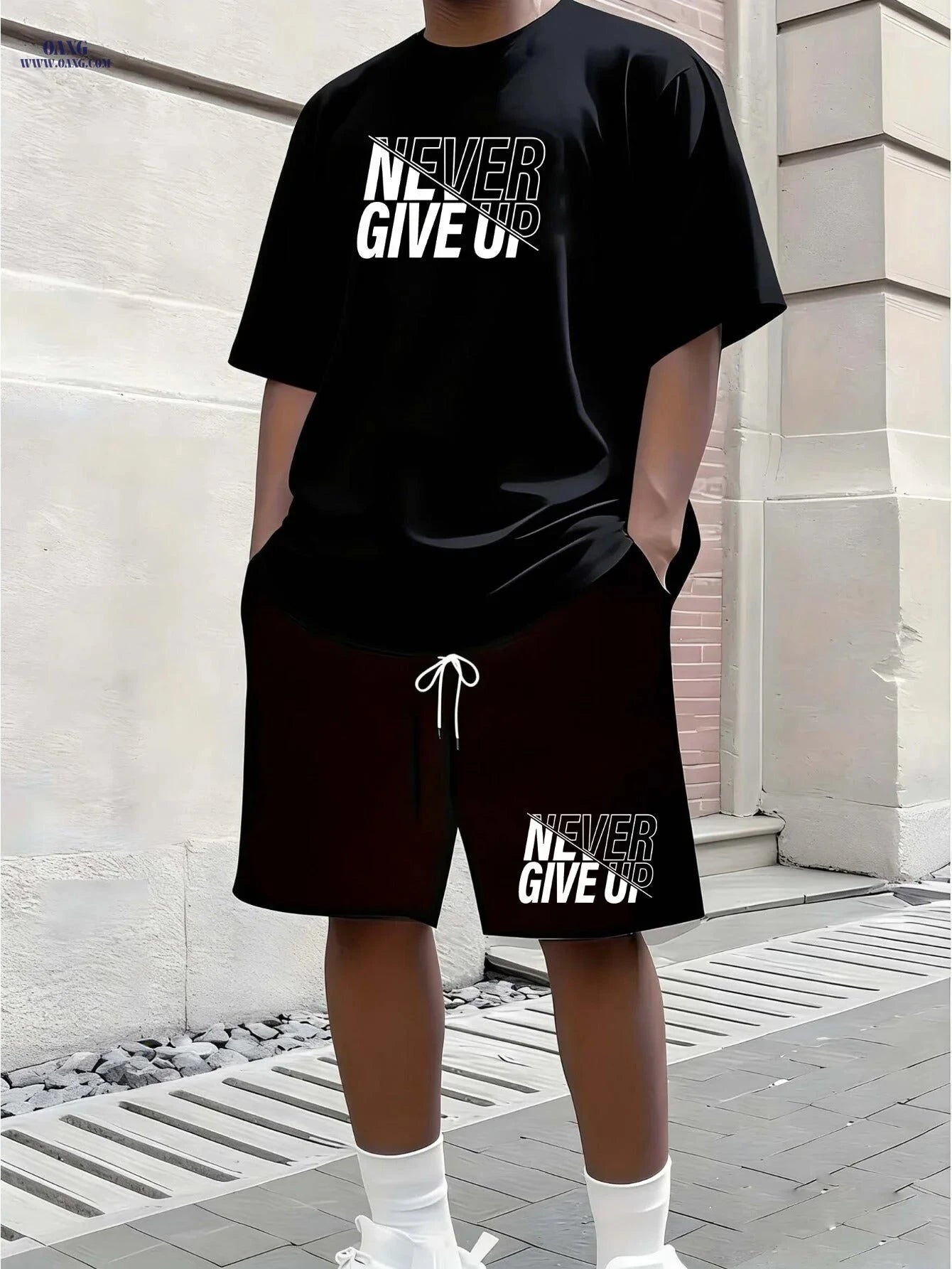 Men's Casual Summer Tracksuit - 'Never Give Up' T-Shirt & Shorts Set   OAXG Black / FR S