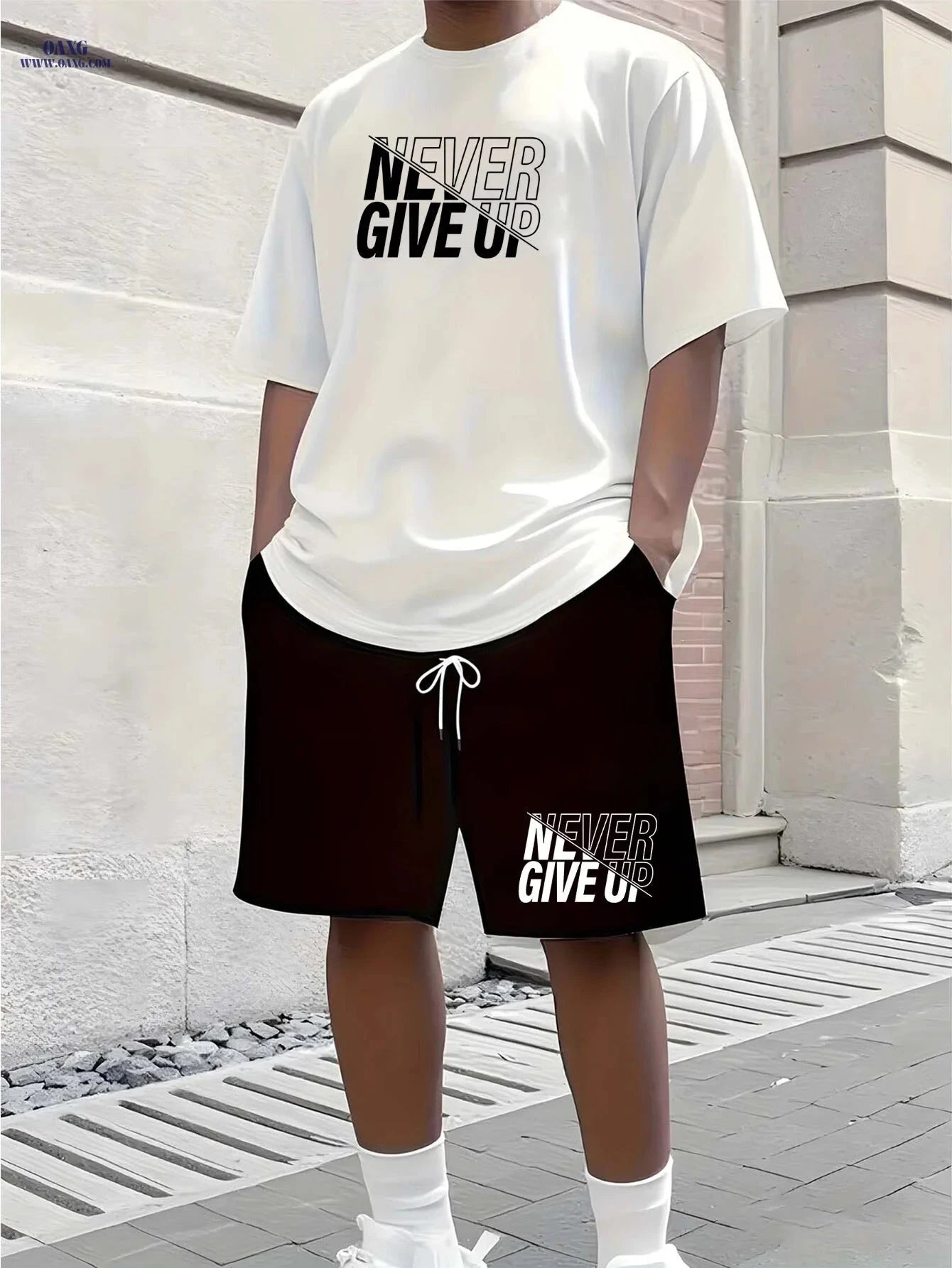 Men's Casual Summer Tracksuit - 'Never Give Up' T-Shirt & Shorts Set   OAXG Black / FR S