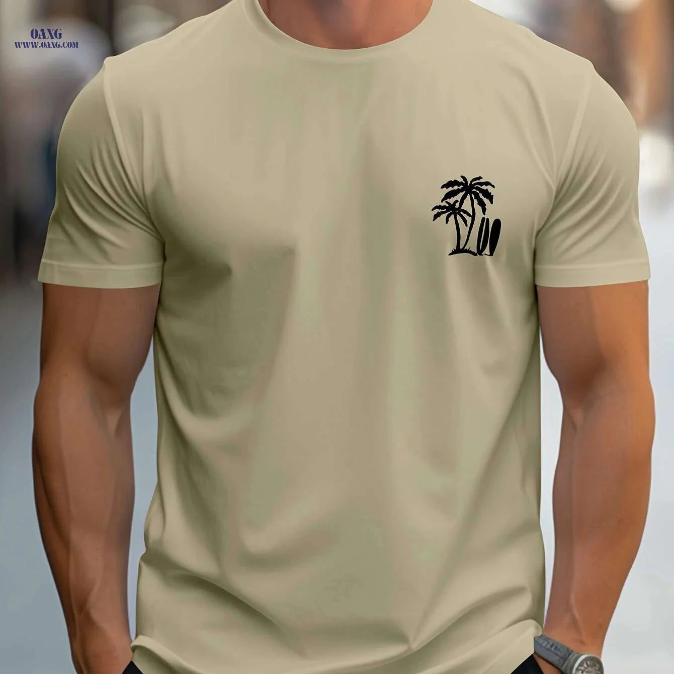 Men's Casual Surf-Inspired T-Shirt - Palm Tree Print, Short Sleeve Comfort   OAXG 