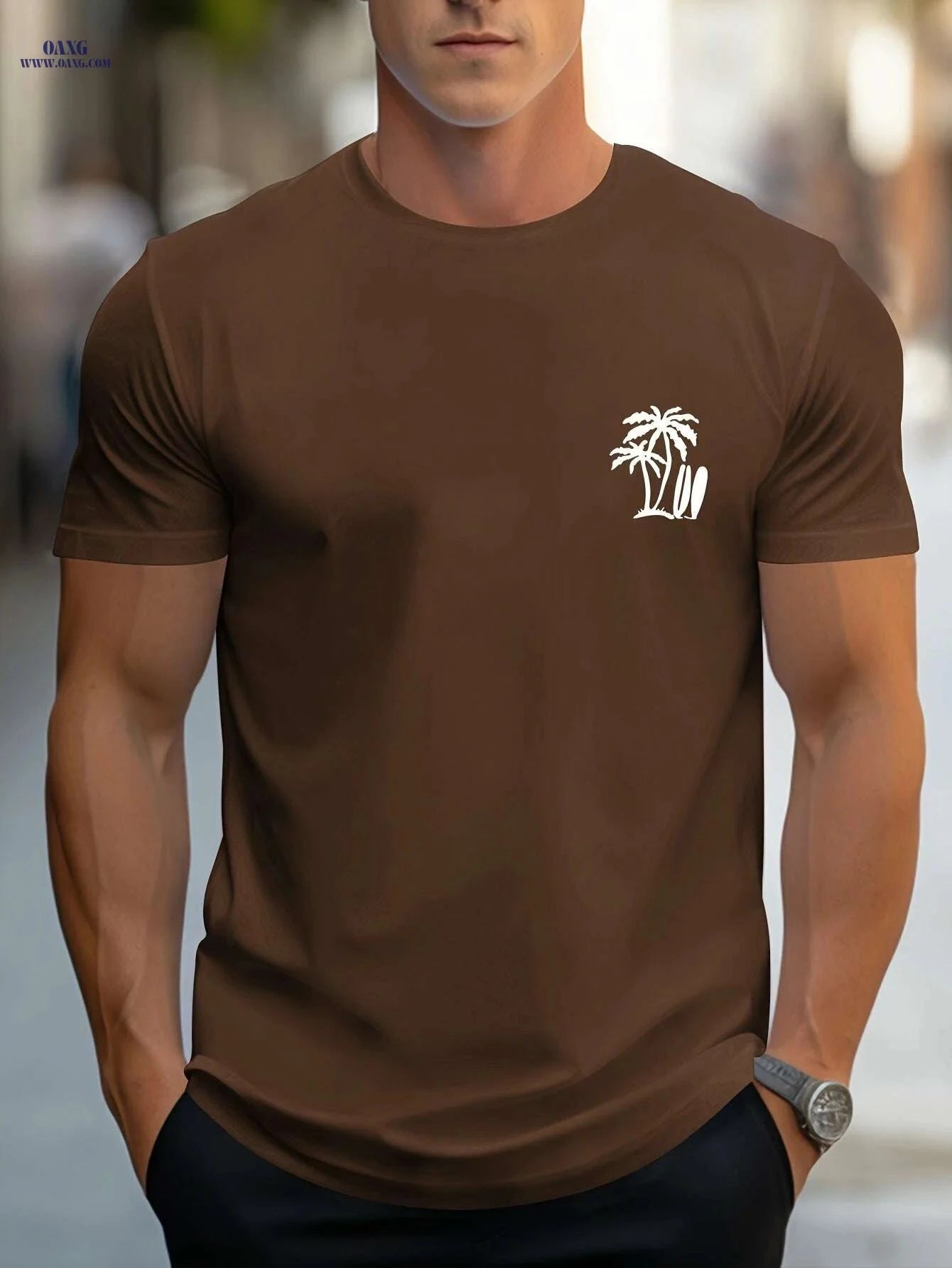 Men's Casual Surf-Inspired T-Shirt - Palm Tree Print, Short Sleeve Comfort   OAXG 