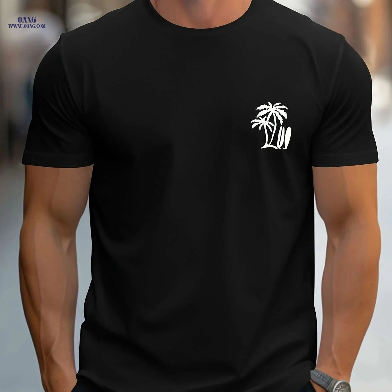 Men's Casual Surf-Inspired T-Shirt - Palm Tree Print, Short Sleeve Comfort   OAXG 