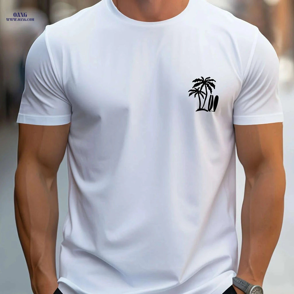Men's Casual Surf-Inspired T-Shirt - Palm Tree Print, Short Sleeve Comfort   OAXG 