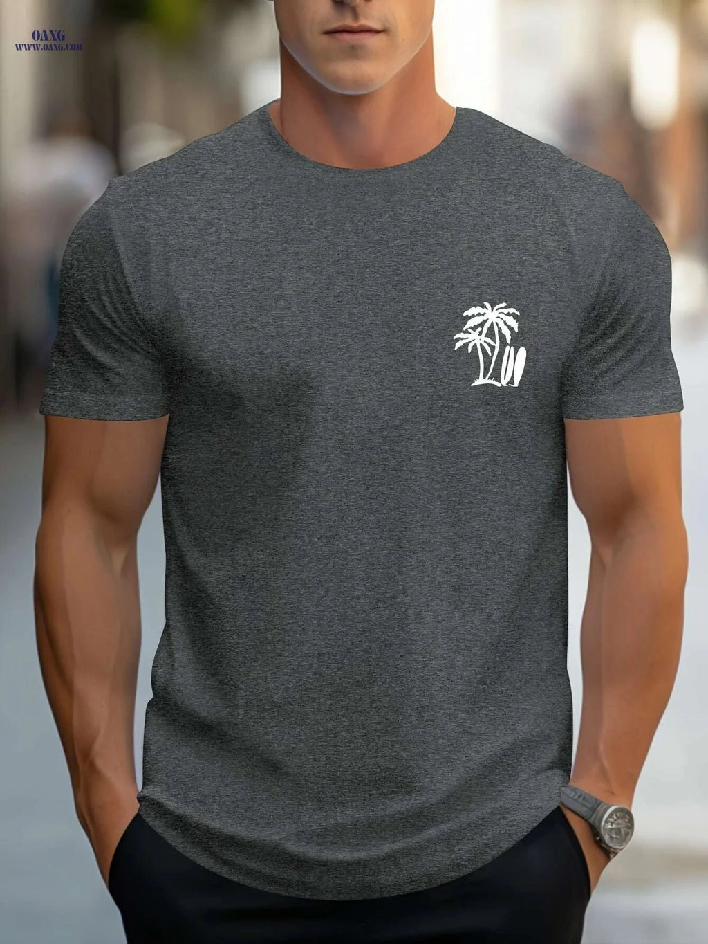 Men's Casual Surf-Inspired T-Shirt - Palm Tree Print, Short Sleeve Comfort   OAXG 