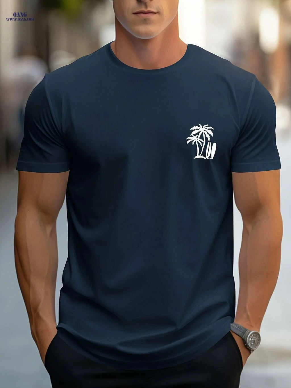 Men's Casual Surf-Inspired T-Shirt - Palm Tree Print, Short Sleeve Comfort   OAXG White / M
