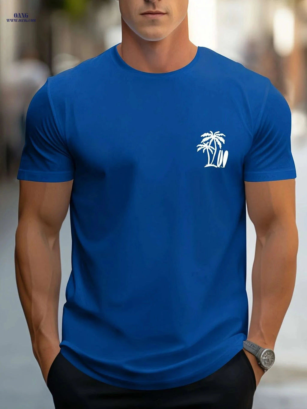 Men's Casual Surf-Inspired T-Shirt - Palm Tree Print, Short Sleeve Comfort   OAXG White / M