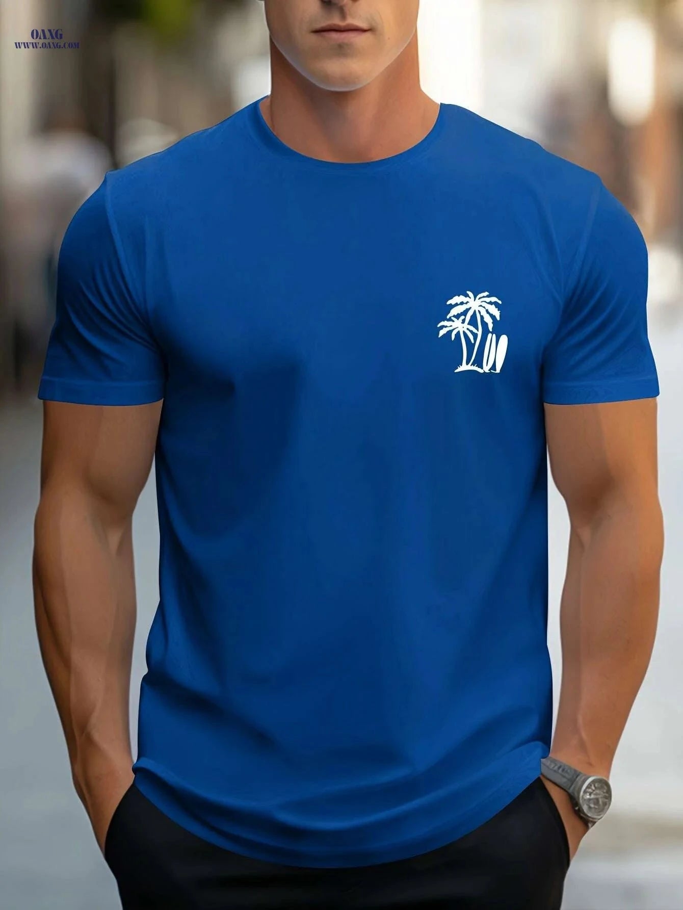 Men's Casual Surf-Inspired T-Shirt - Palm Tree Print, Short Sleeve Comfort   OAXG White / M