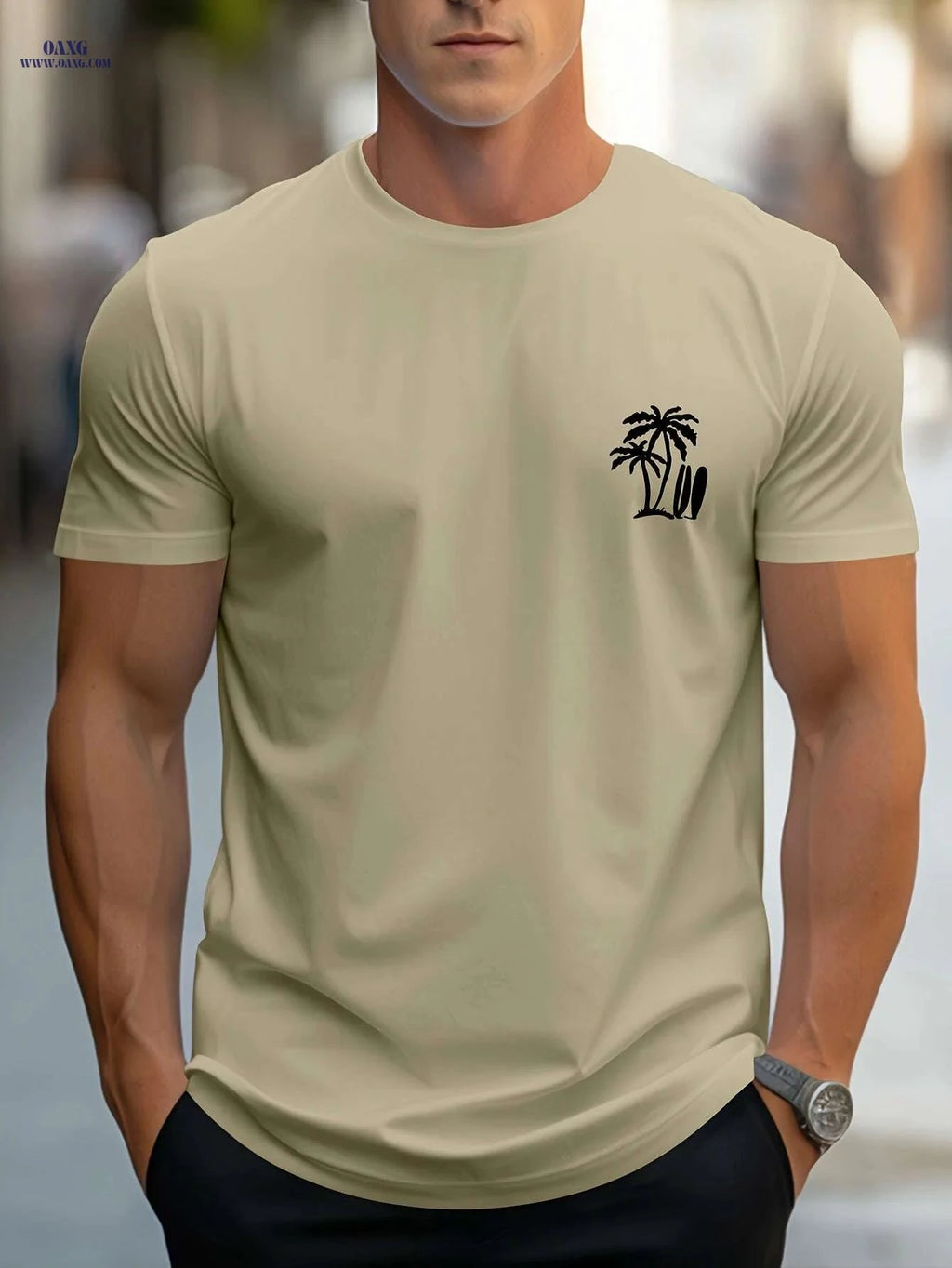 Men's Casual Surf-Inspired T-Shirt - Palm Tree Print, Short Sleeve Comfort   OAXG White / M