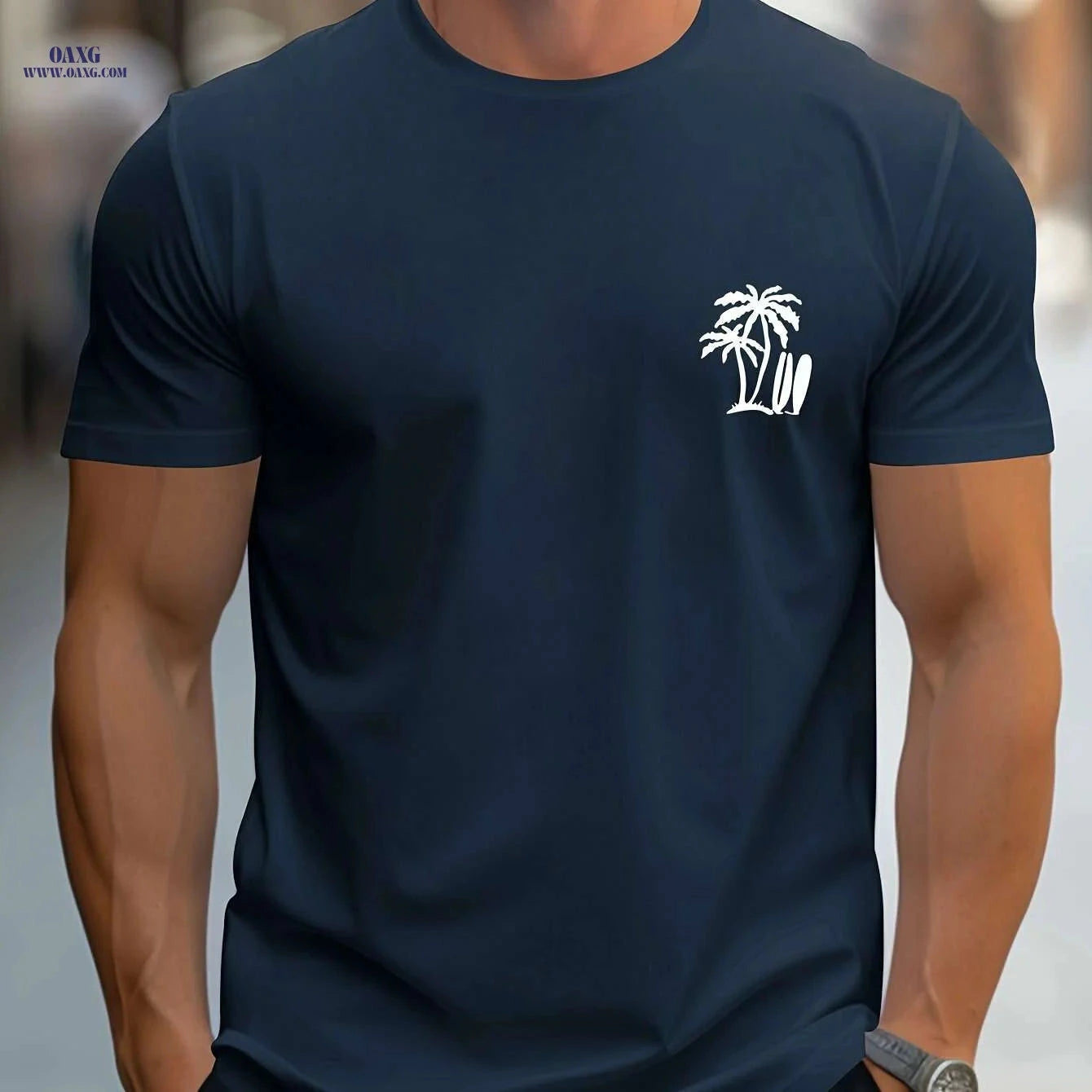 Men's Casual Surf-Inspired T-Shirt - Palm Tree Print, Short Sleeve Comfort   OAXG 