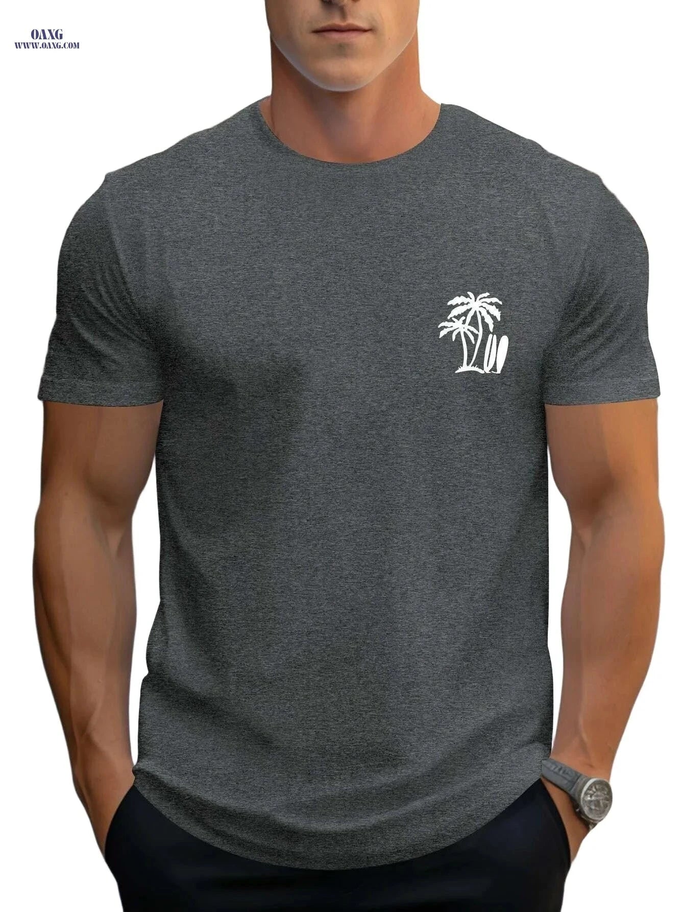 Men's Casual Surf T-Shirt - Palm Tree Print for All-Season Comfort   OAXG 