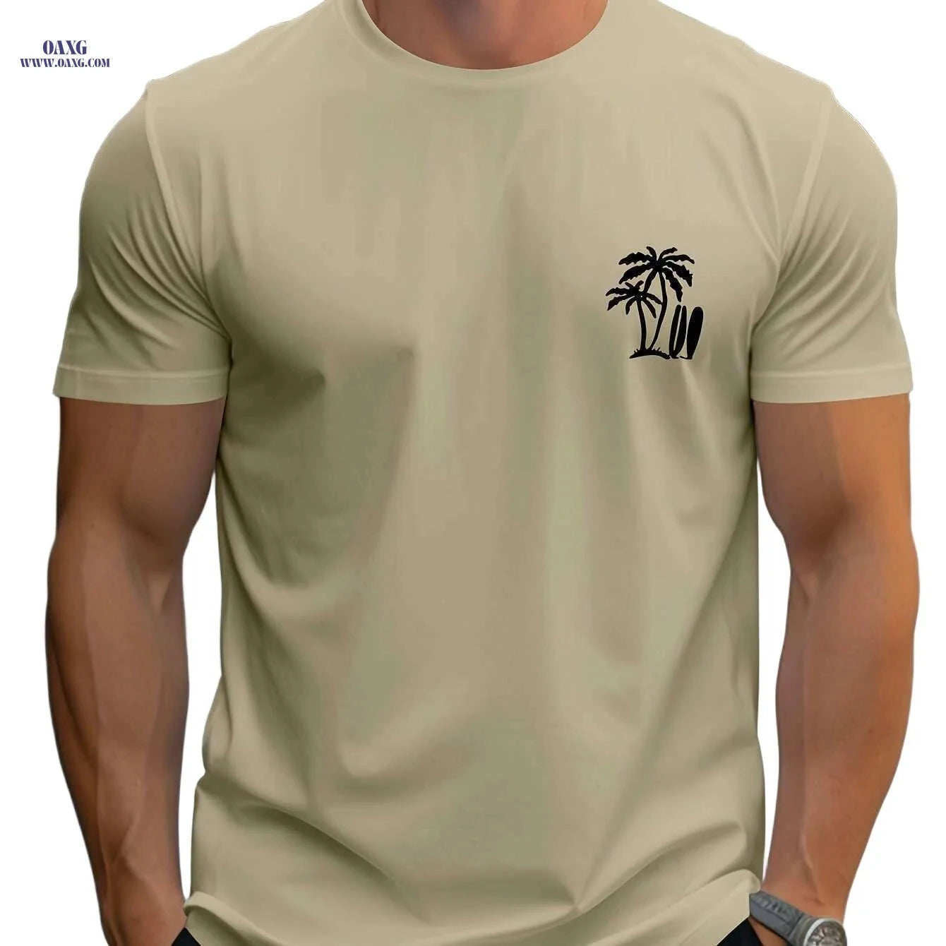 Men's Casual Surf T-Shirt - Palm Tree Print for All-Season Comfort   OAXG 
