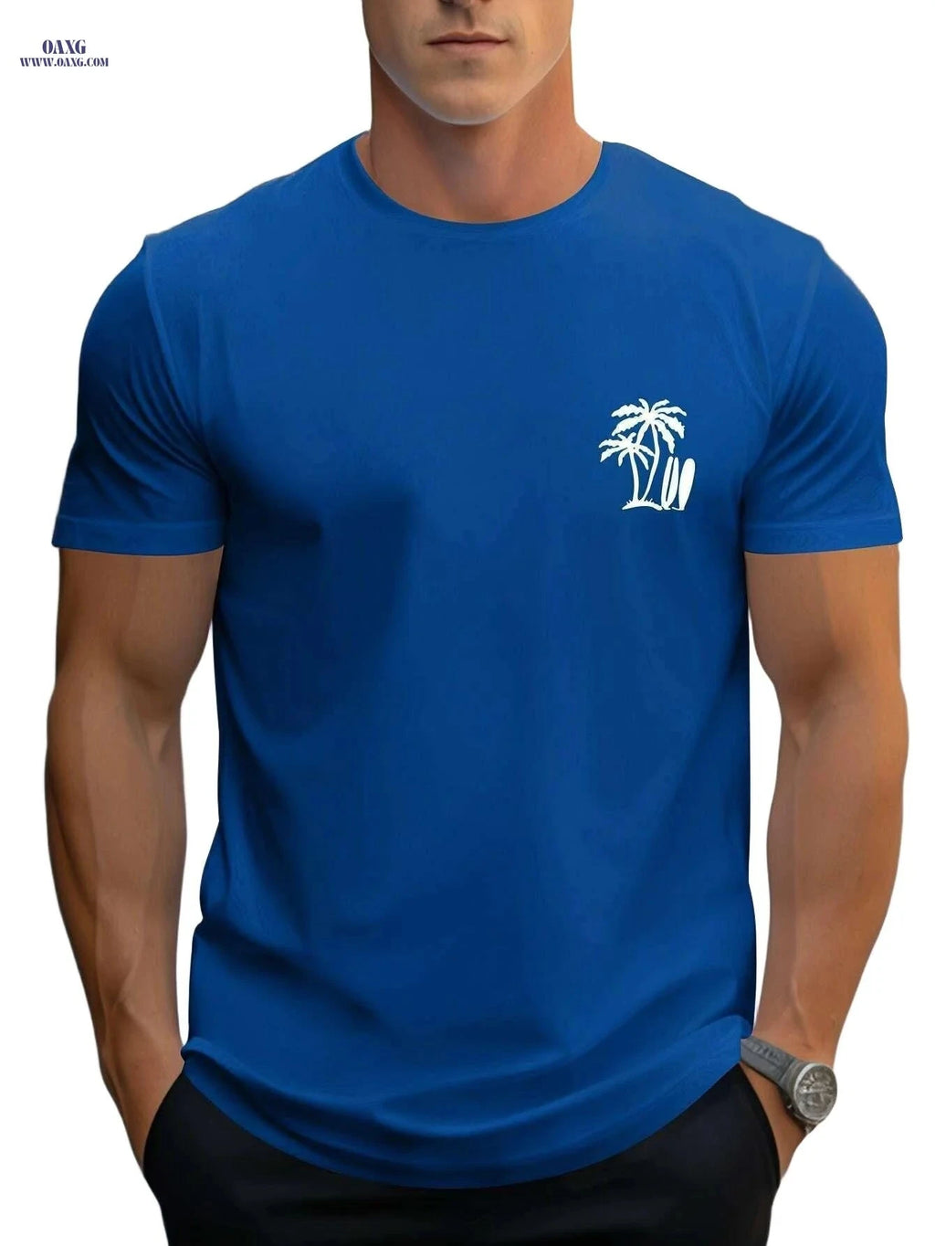Men's Casual Surf T-Shirt - Palm Tree Print for All-Season Comfort   OAXG 