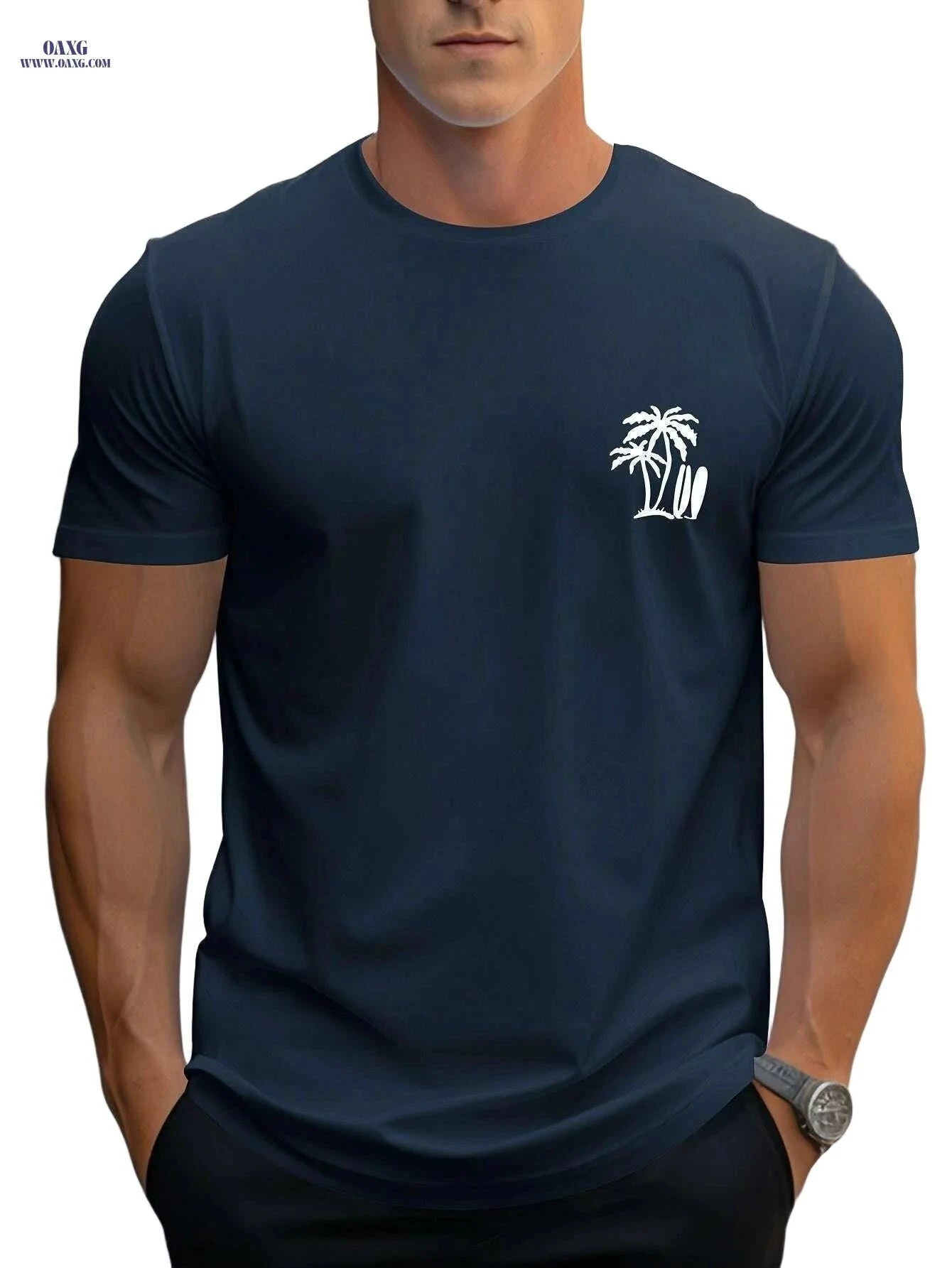 Men's Casual Surf T-Shirt - Palm Tree Print for All-Season Comfort   OAXG White / M
