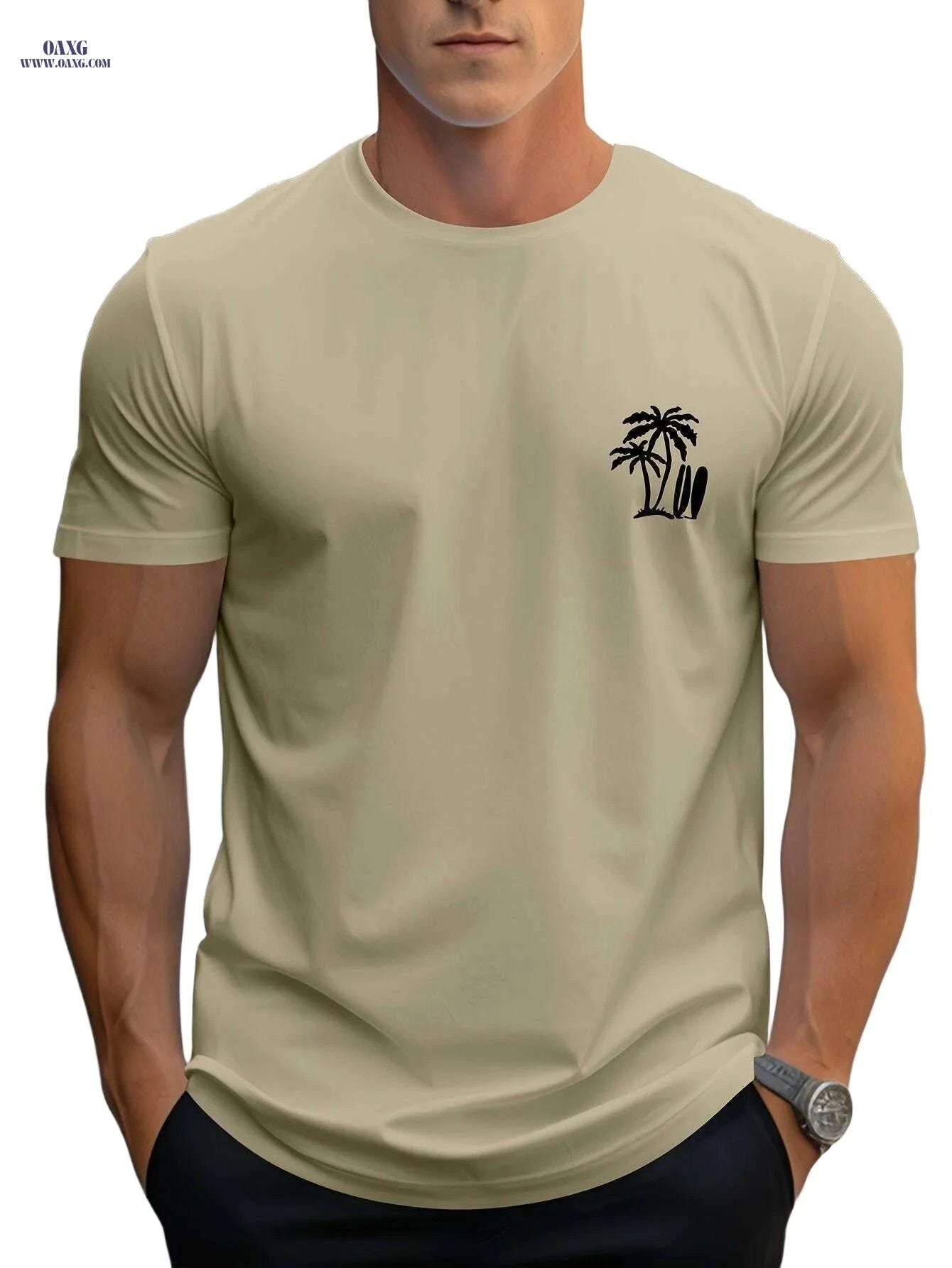 Men's Casual Surf T-Shirt - Palm Tree Print for All-Season Comfort   OAXG White / M