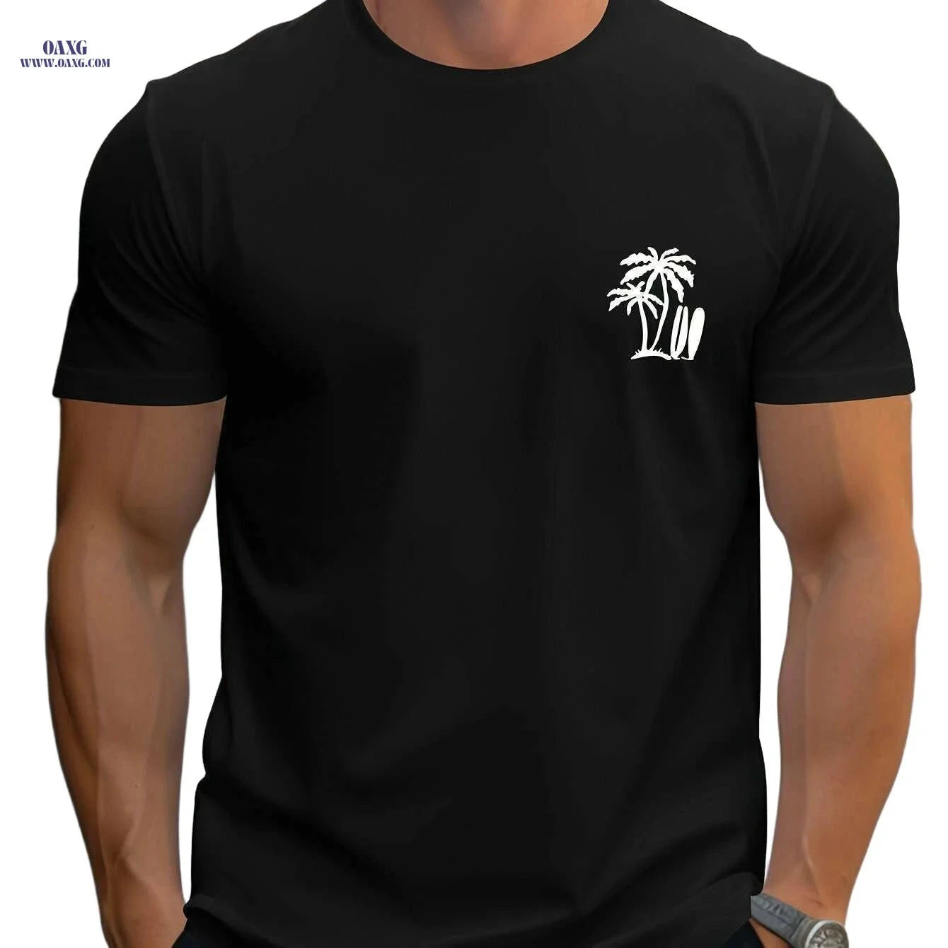 Men's Casual Surf T-Shirt - Palm Tree Print for All-Season Comfort   OAXG White / M