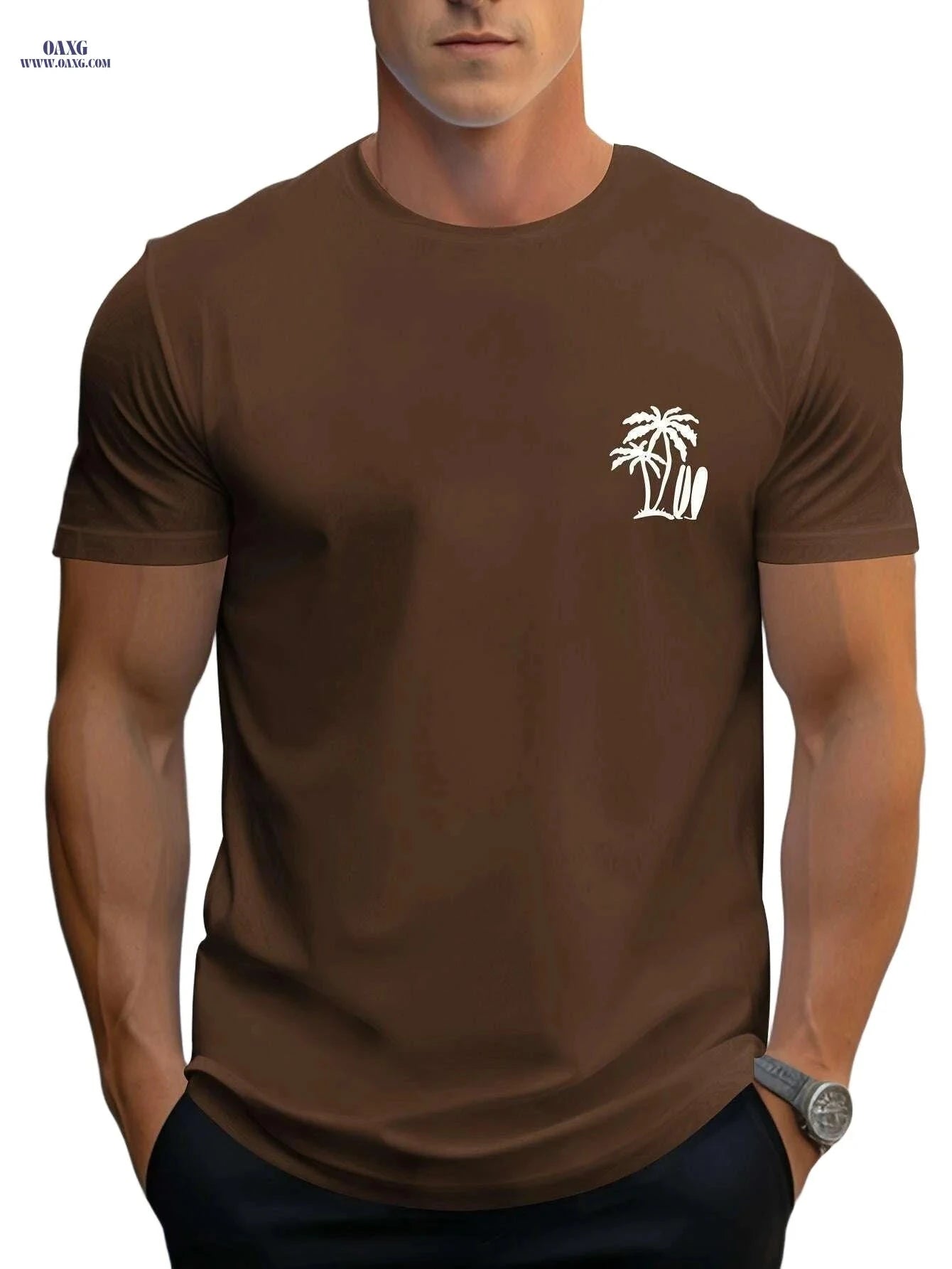 Men's Casual Surf T-Shirt - Palm Tree Print for All-Season Comfort   OAXG White / M