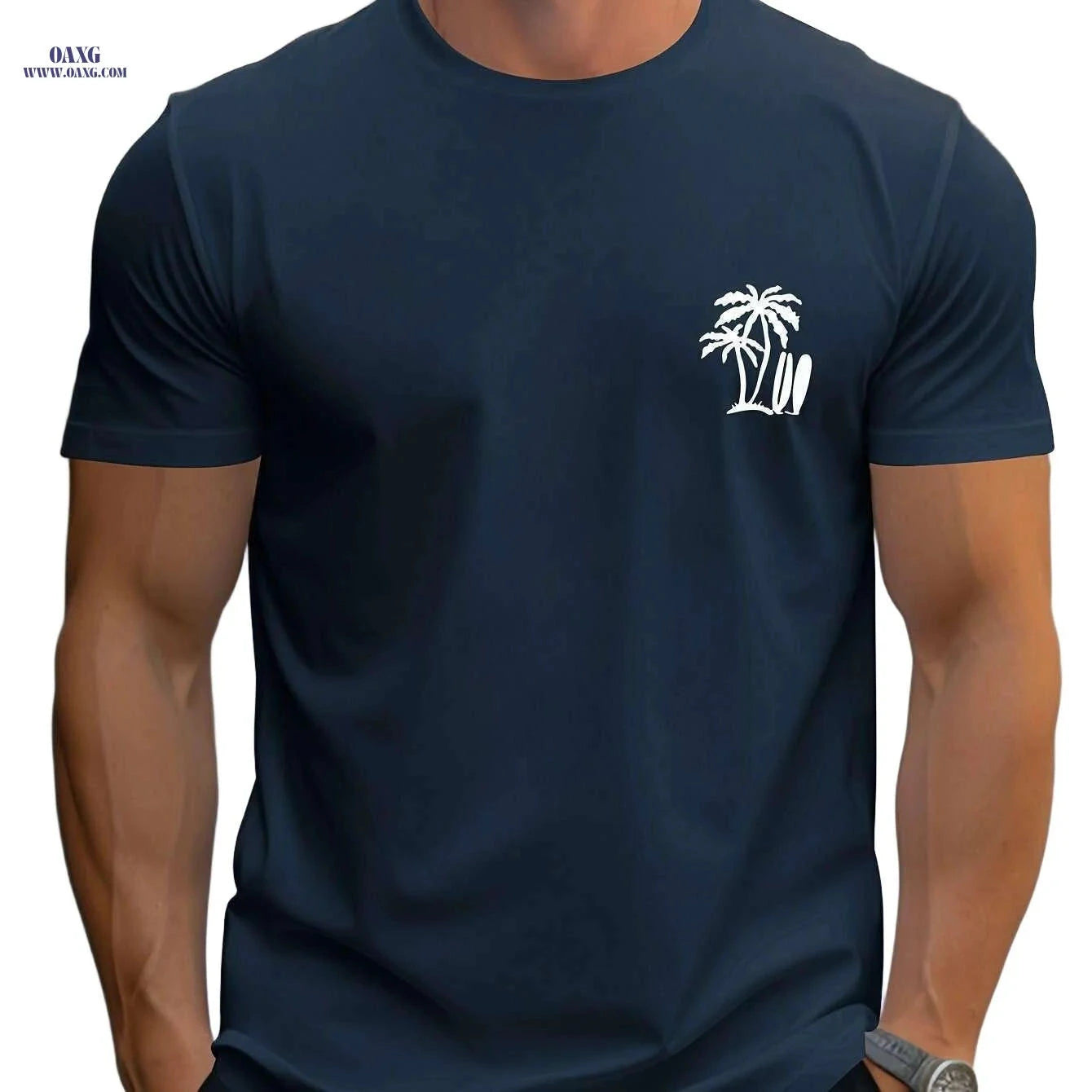 Men's Casual Surf T-Shirt - Palm Tree Print for All-Season Comfort   OAXG White / M